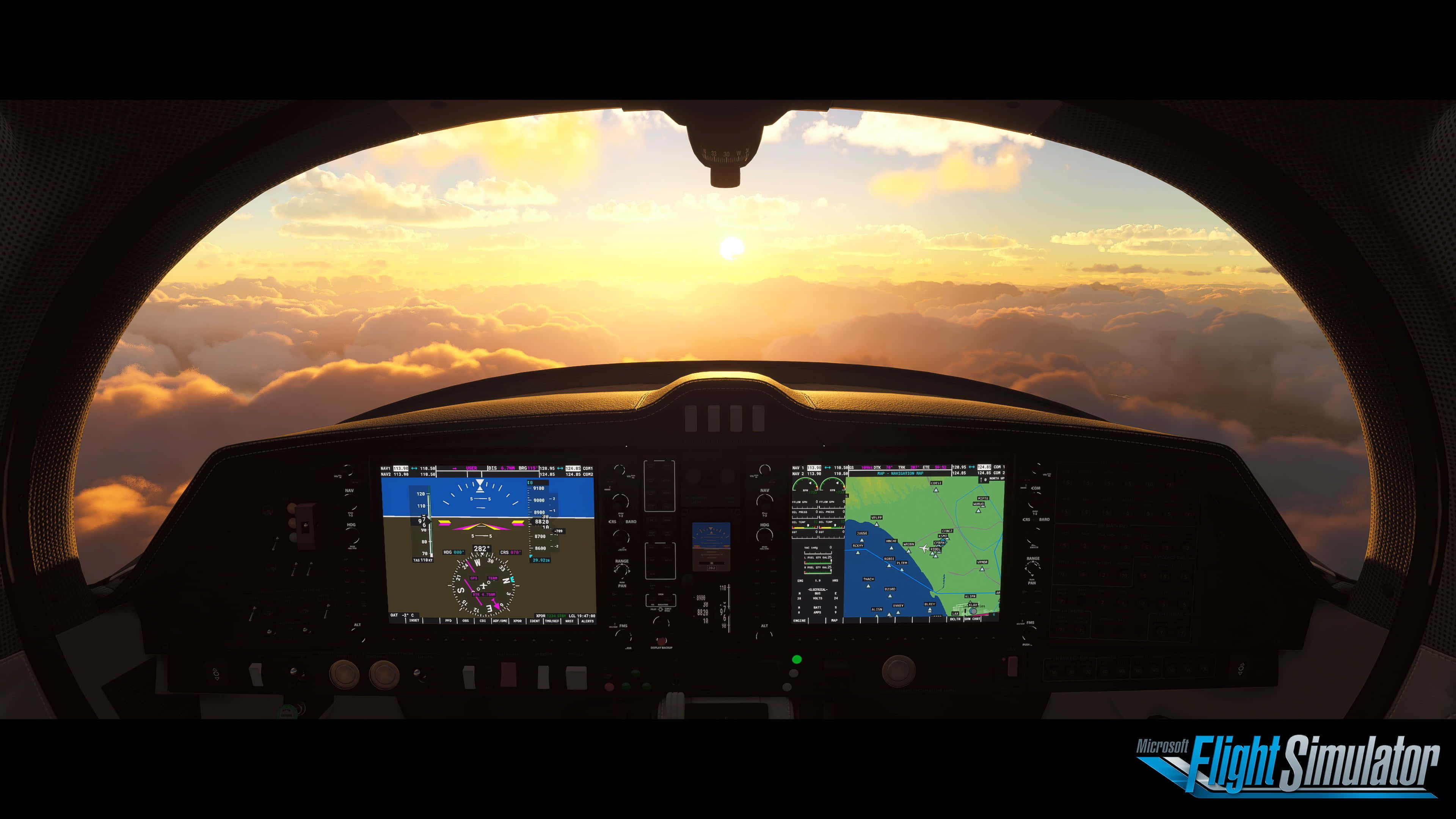 4K 微軟模擬飛行背景：飛機駕駛艙視角 壁紙 — 從飛機駕駛艙觀看金色雲層上方的日落景色，飛行儀表亮起。