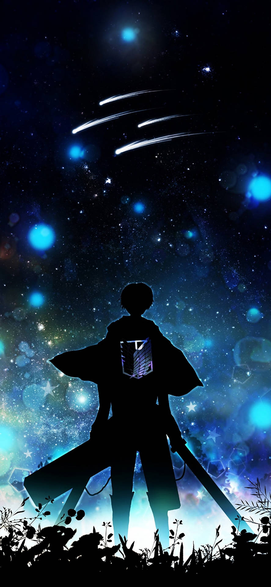 動漫戰士剪影在流星劃過的發光星空下持劍。