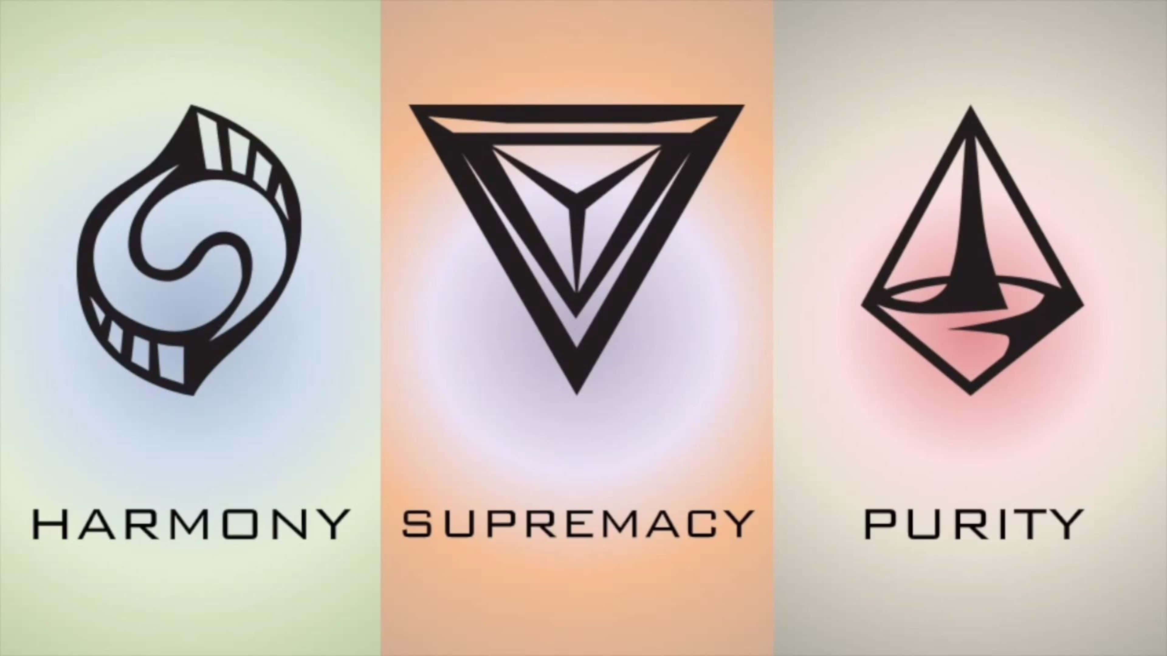 4K《文明：地球之外》背景符號 壁紙 — 三個極簡黑色標誌，標有 harmony supremacy purity，位於柔和漸變背景上。
