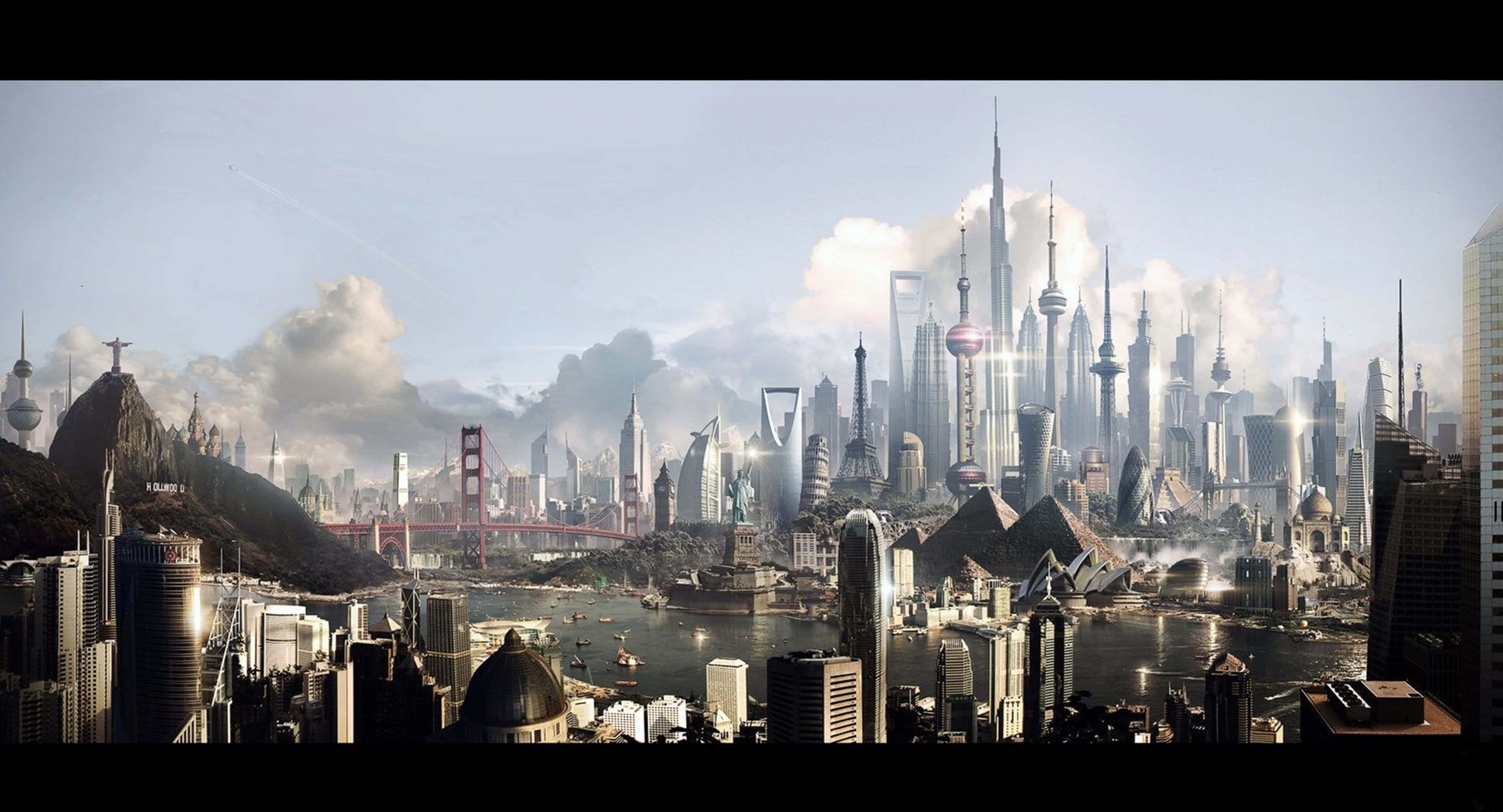 4K 文明5背景：不同城市 壁紙 — 在陰雲密布的天空下，一個未來主義的城市景觀融合了金門大橋和上海中心大廈等標誌性的全球地標。