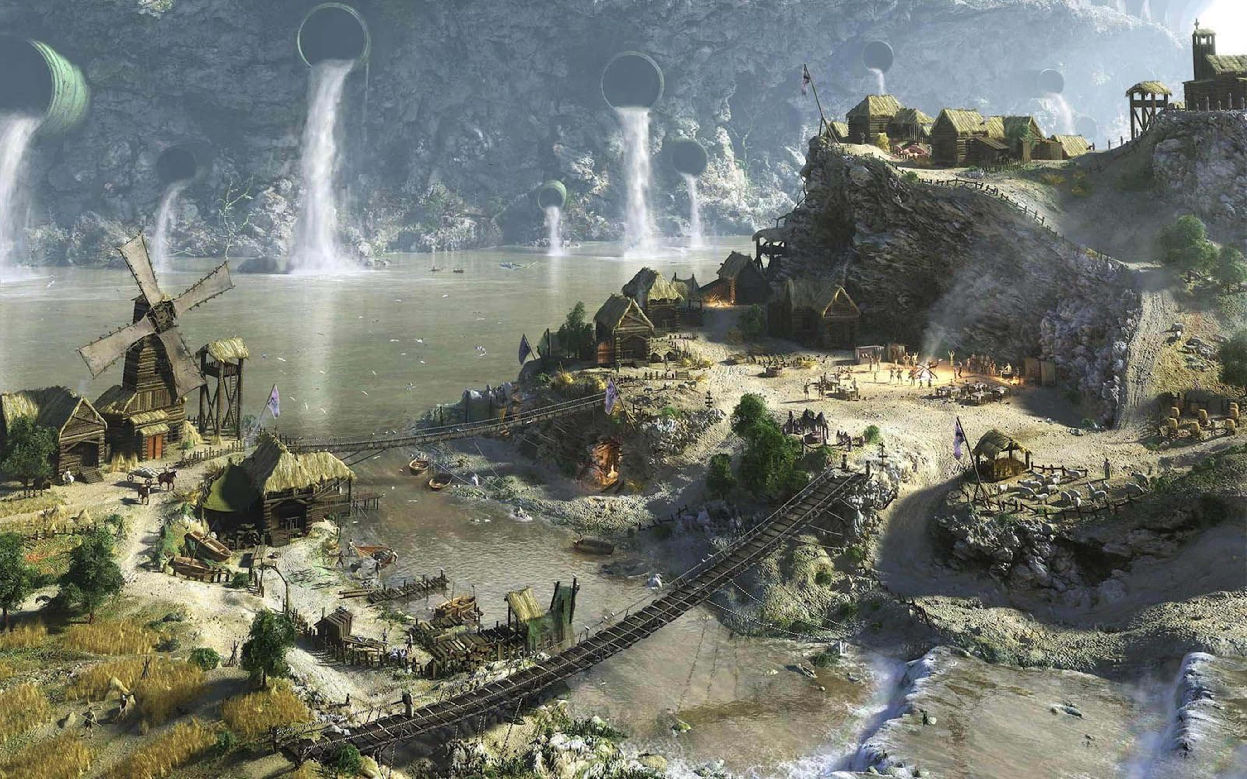 4K 文明5背景：村莊 壁紙 — 一個質樸的奇幻村莊坐落在河邊，上方懸崖有巨大的漂浮管道噴出水來。