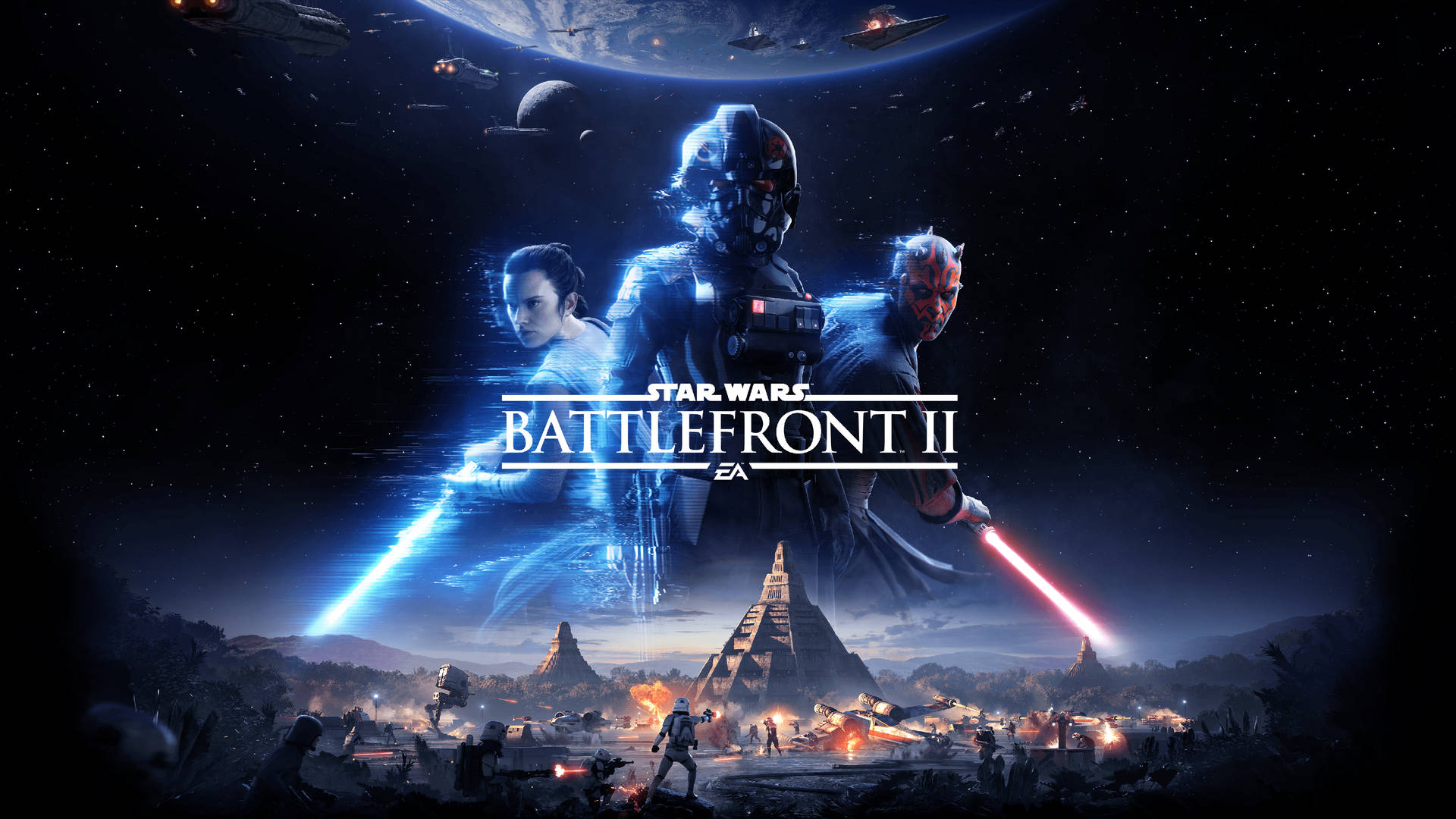 Star Wars Battlefront II 遊戲封面，角色在太空戰鬥場景中。