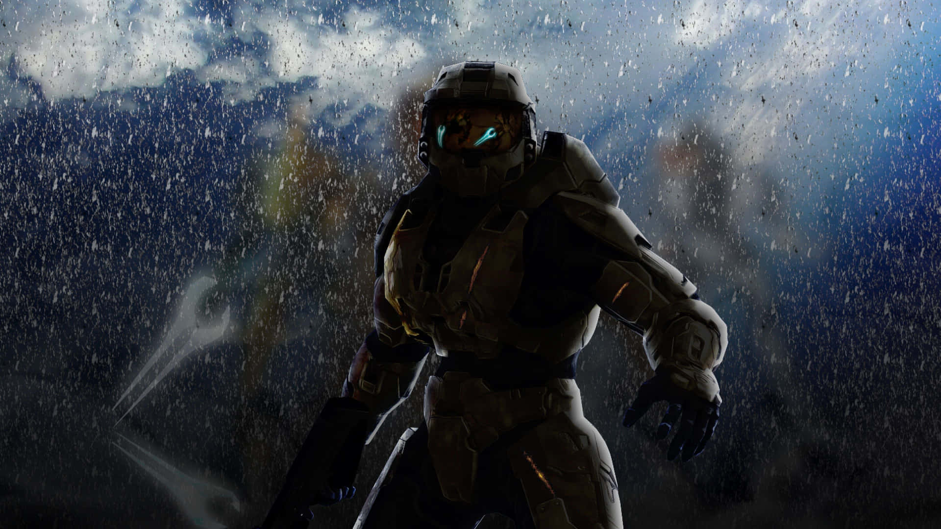 未來士兵在暴雨中，帶有發光面罩和拔出的武器。
