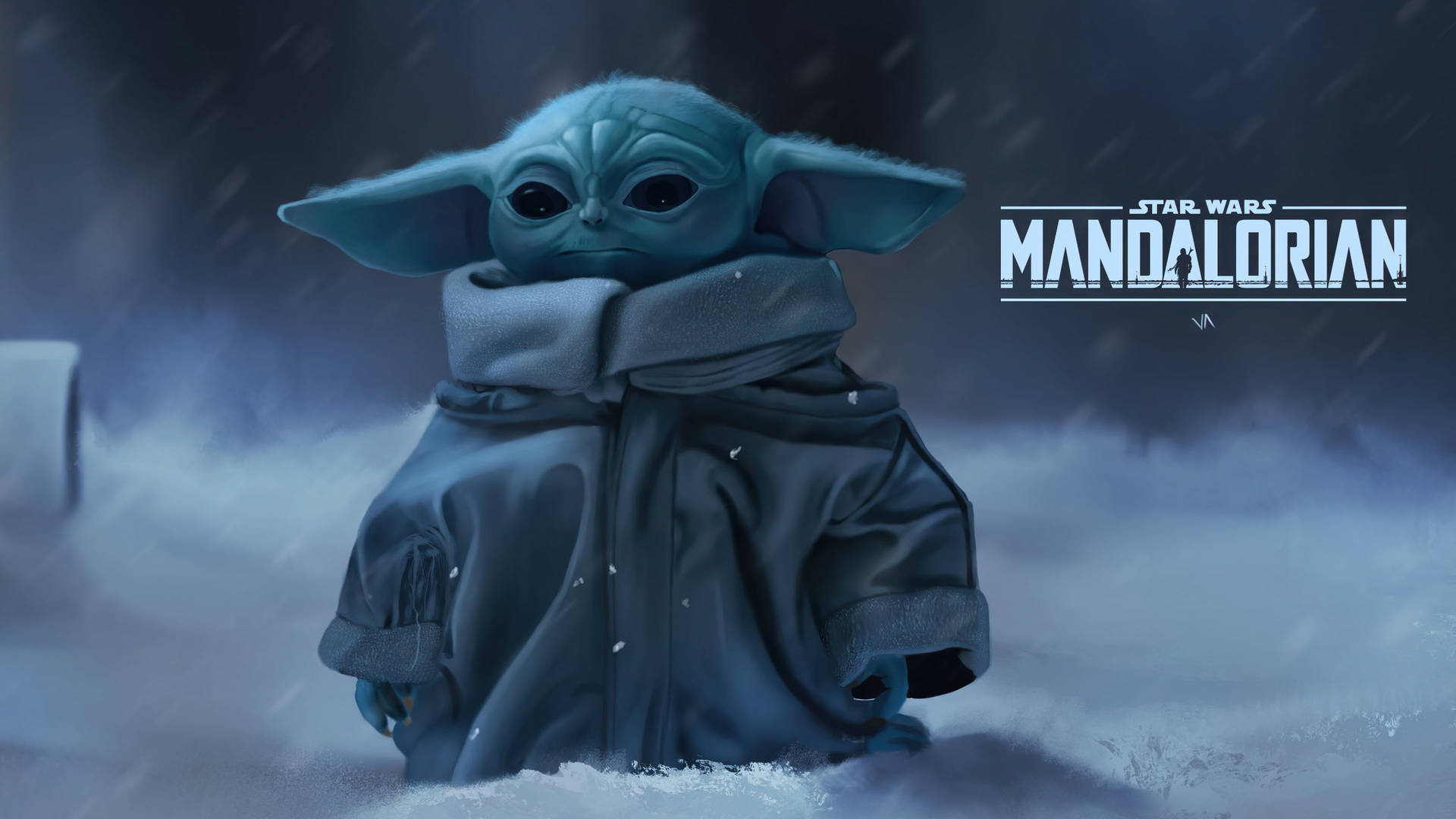 Baby Yoda 喺暴風雪中，著住深色外套，周圍有雪花飄落。