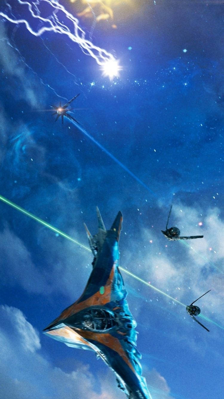 未來太空船在星空下向無人機發射激光，伴有閃電。