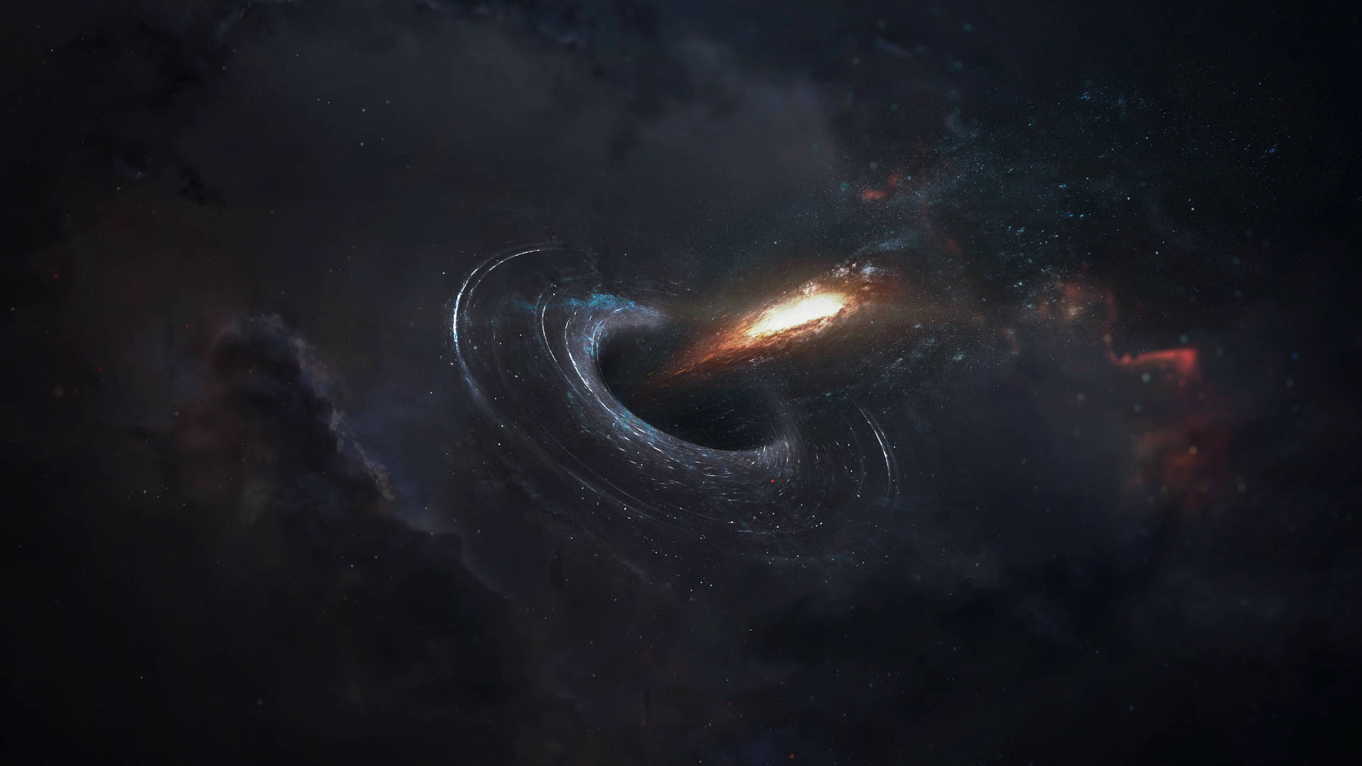 深空中被星雲環繞的發光吸積盤黑洞。