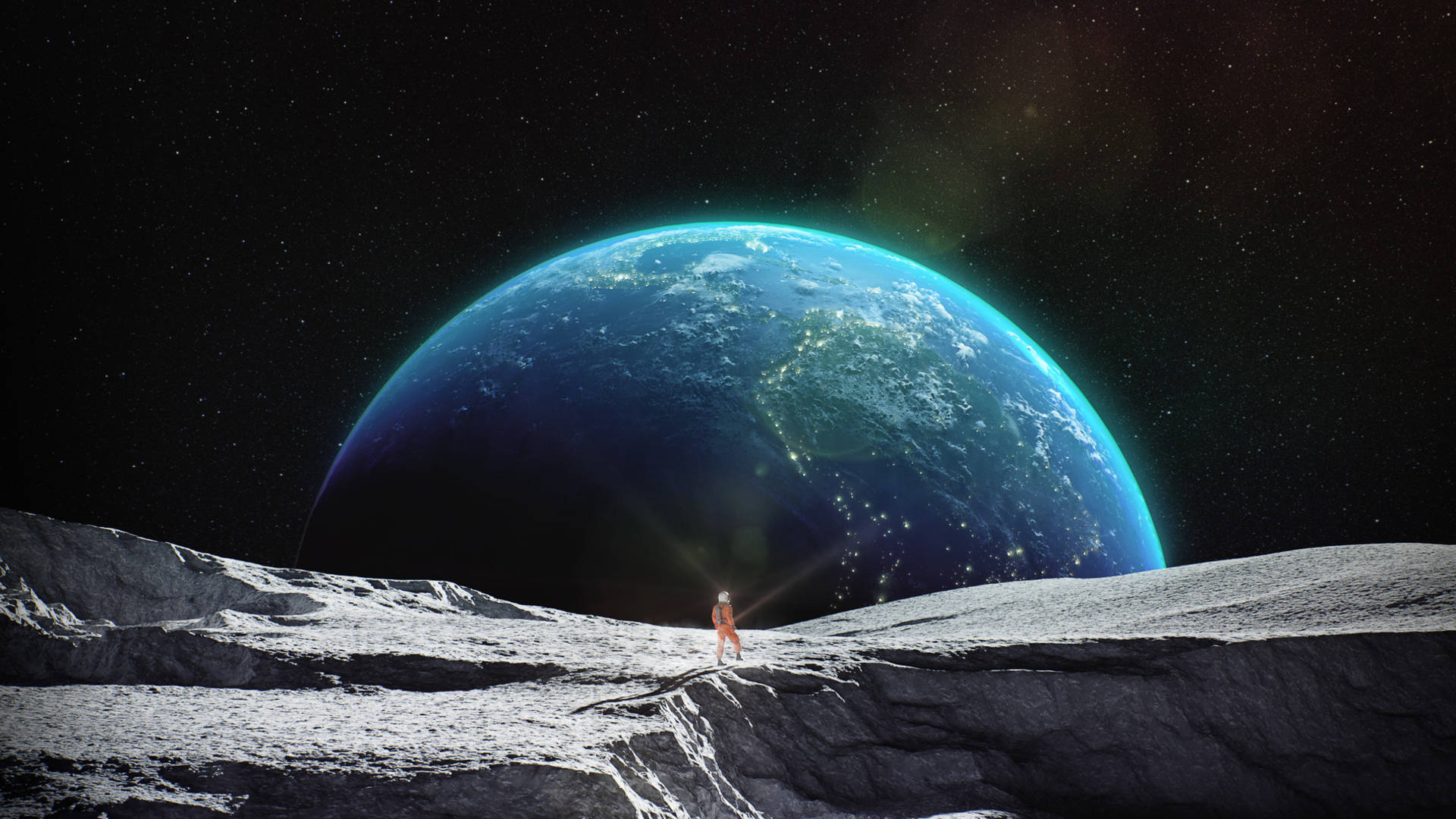 一名太空人在岩石月球表面上仰望星空背景下發光的藍色地球。
