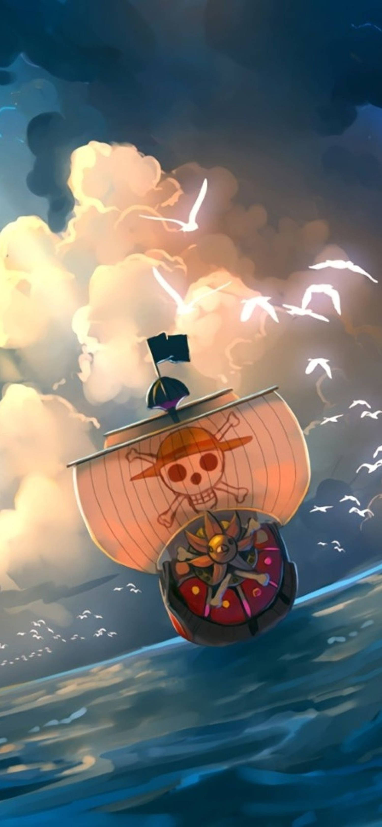 4K《死神》海賊船iPhone壁紙 壁紙 — 一艘掛著骷髏旗的海盜船在充滿閃電和海鷗的戲劇性天空下，航行於波濤洶湧的大海。