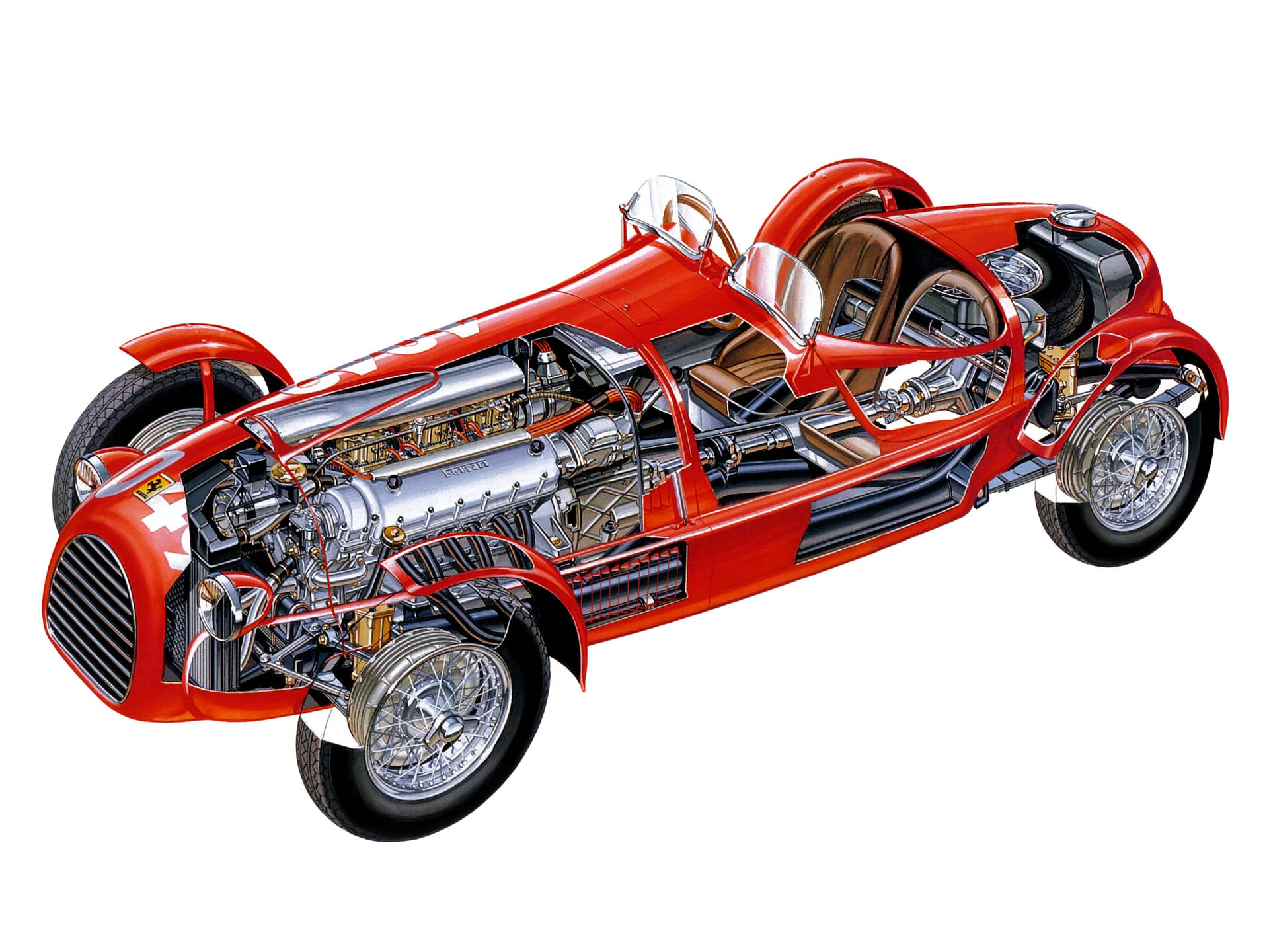 紅色復古賽車剖面圖，顯示引擎和內部細節。