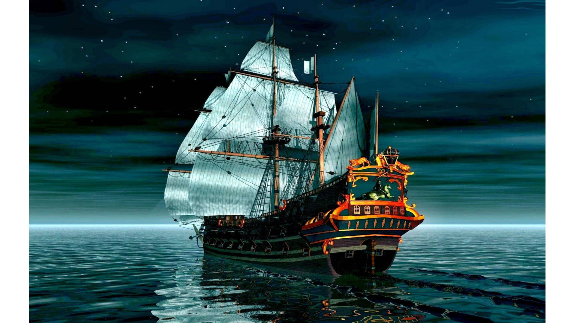 海盜船在星空下航行於深藍綠色海洋，帶有發光船帆和金色細節。