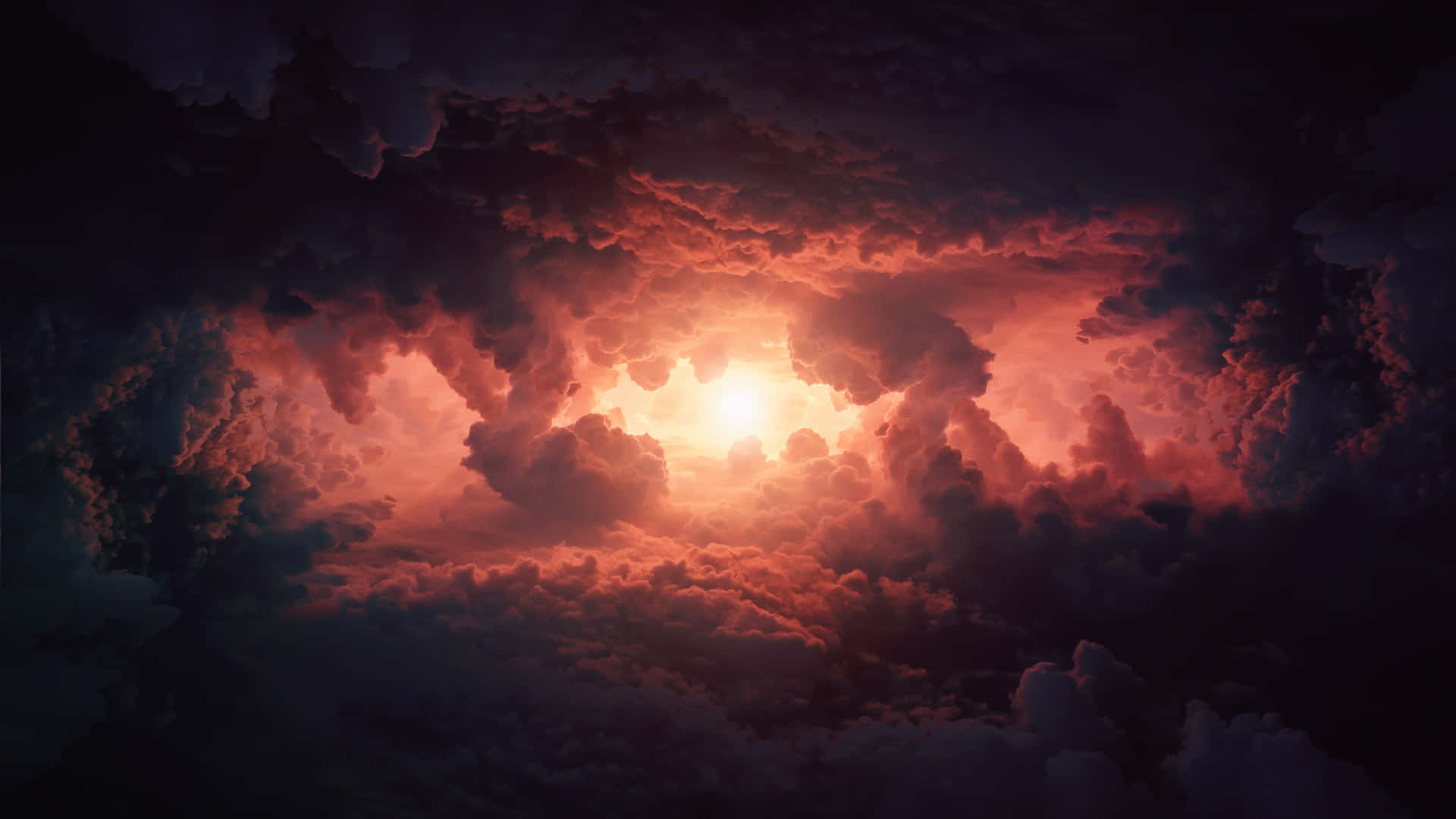 日落時分，太陽穿過黑暗的暴風雲，投射出紅色和紫色的色調。