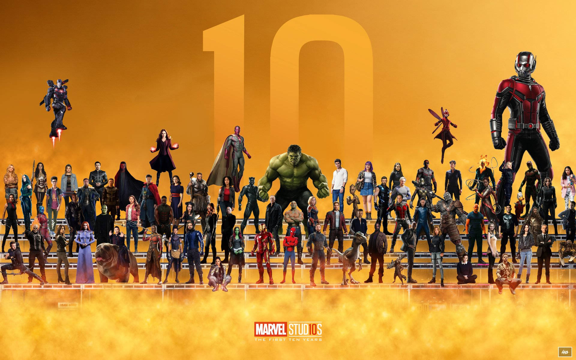 Marvel Studios首個十年，標誌性的超級英雄和反派以動態的群體姿勢呈現。 — 4K Marvel 壁紙 壁紙