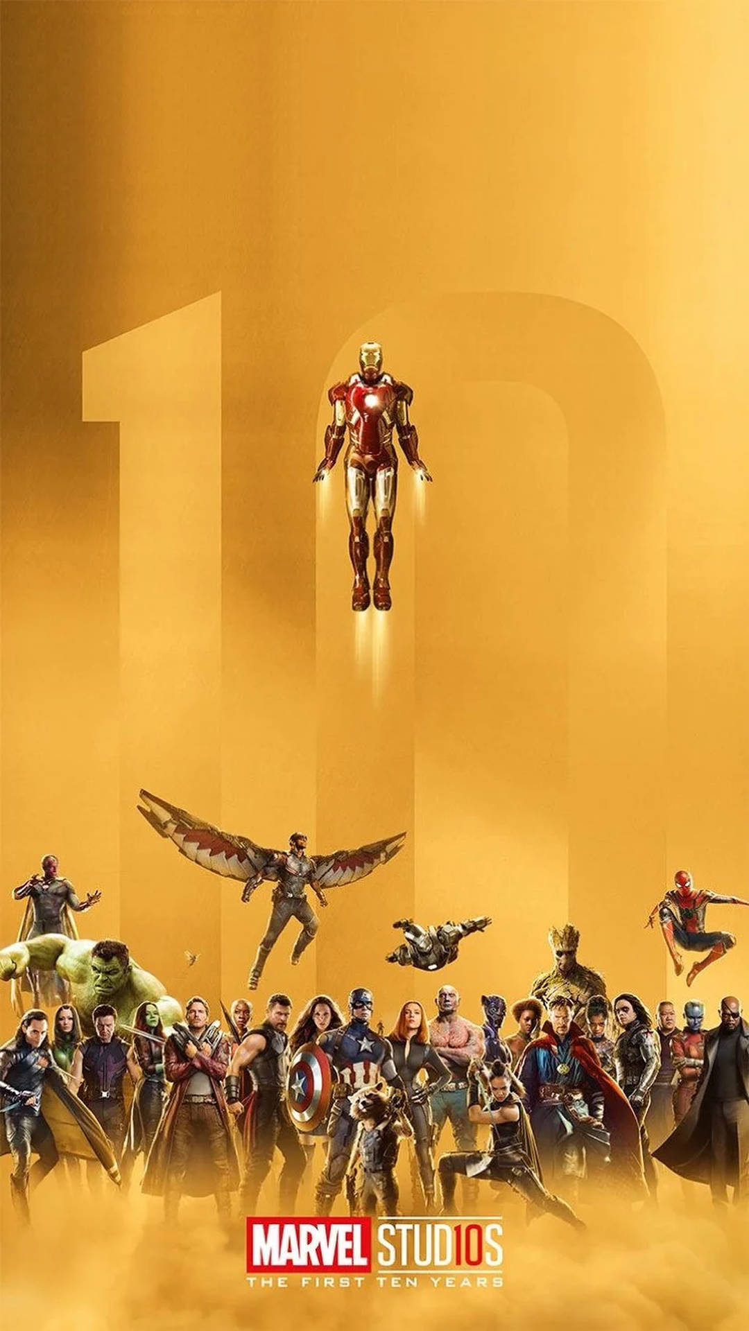 Marvel Studios首個十年的超級英雄團隊慶祝海報，鐵甲奇俠在金色10上方盤旋。 — 4K Marvel 壁紙 壁紙