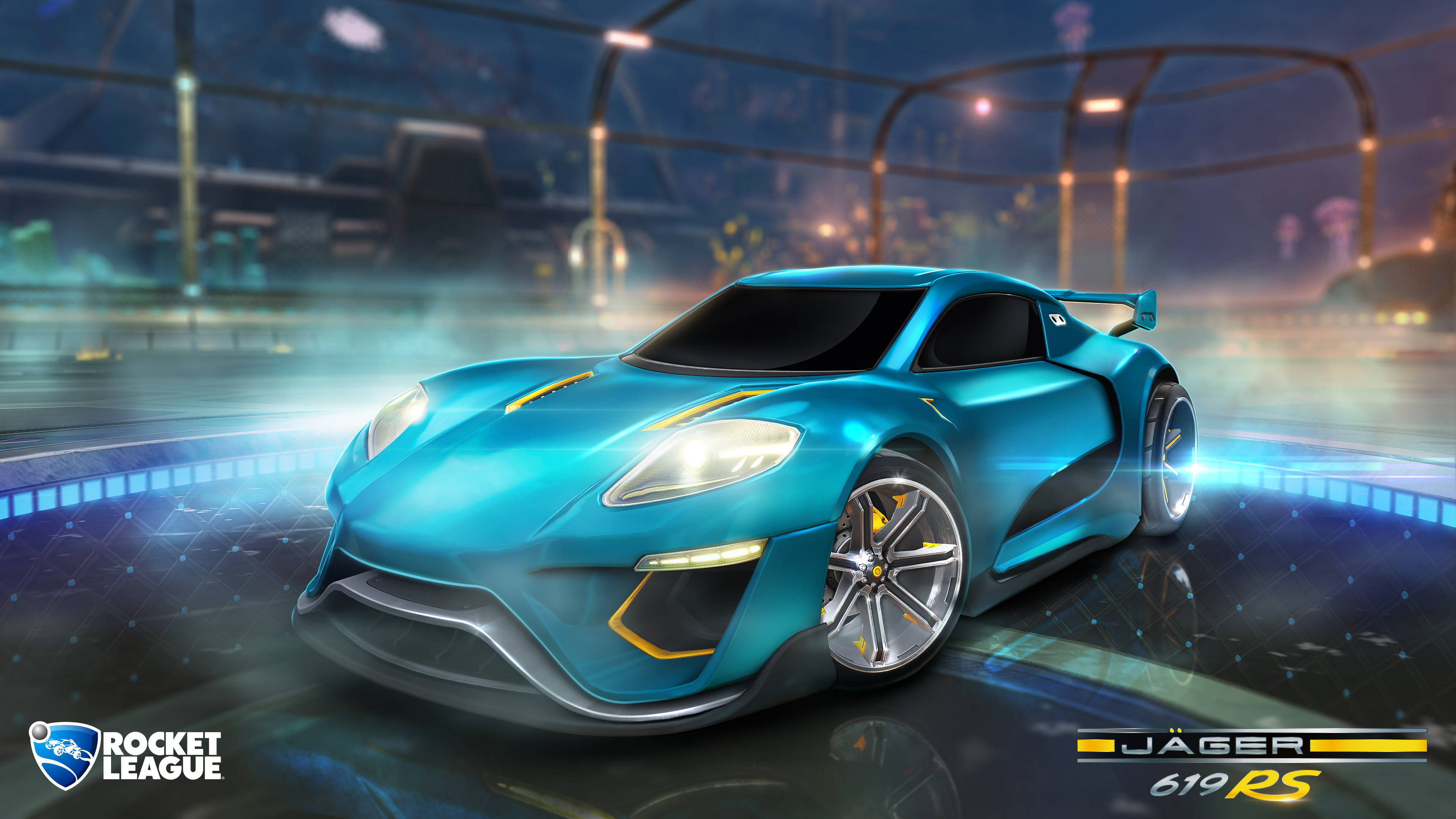 4K 火箭聯賽 Jager 619 RS 壁紙 — 一輛發光的藍色Rocket League Jäger 619 RS跑車帶有黃色點綴，停在霓虹燈下的未來賽道上。