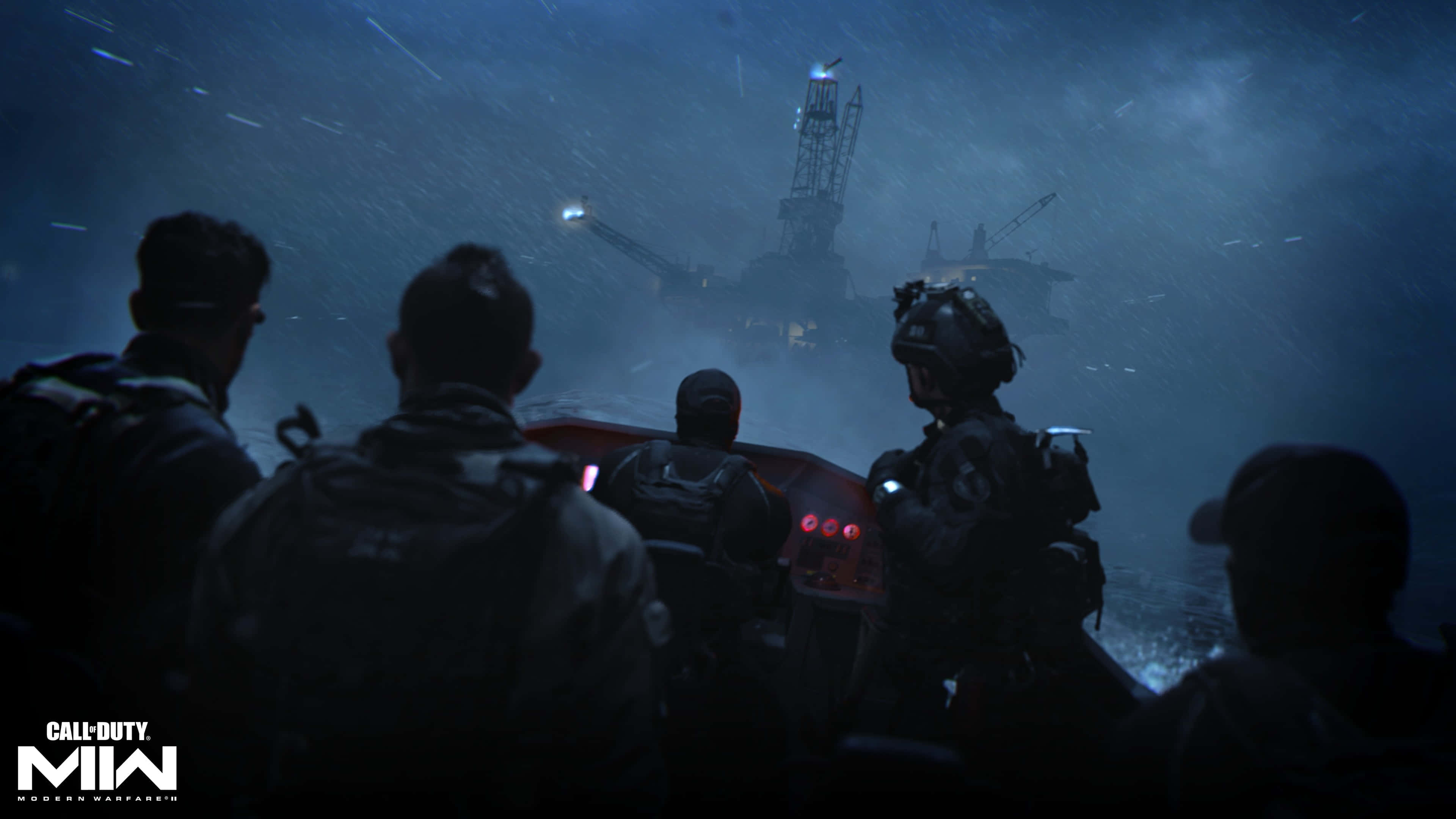 4K《現代戰爭》背景：士兵在船上 壁紙 — 暴風雨之夜，船上剪影士兵在暴雨和強風中接近遠處的石油鑽井平台。