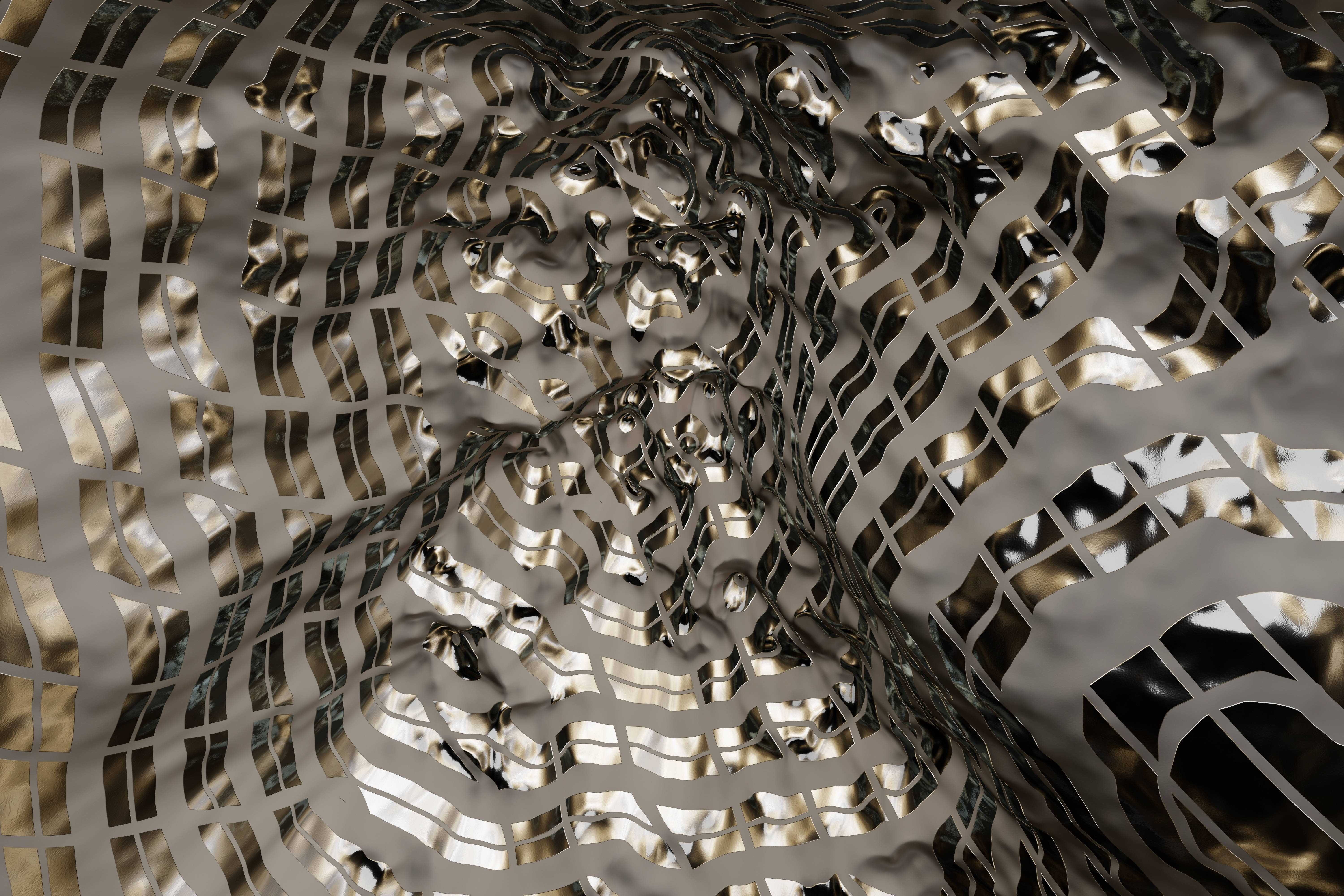 4K 矢量金屬圖案 壁紙 — 一個令人著迷的3D渲染金屬隧道，帶有波浪狀絲帶和閃爍的金色亮點。