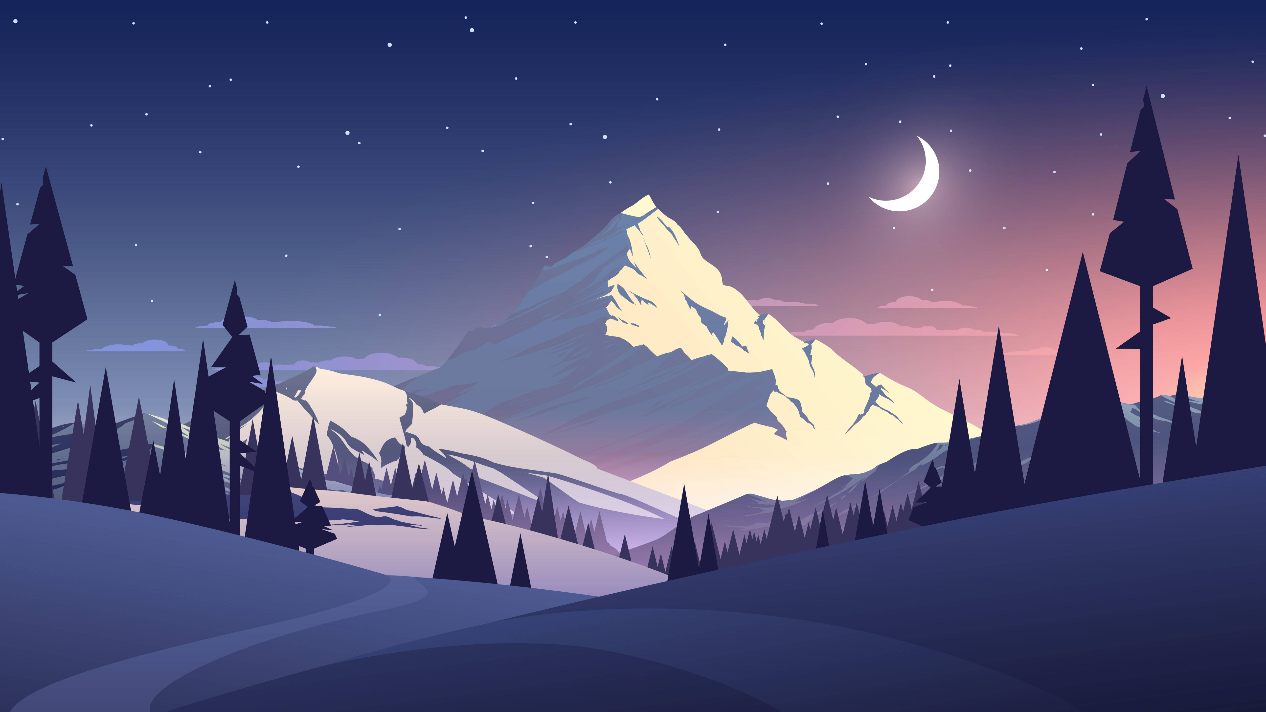 4K 矢量雪景 壁紙 — 寧靜的夜景，新月和星空下白雪覆蓋的山峰，被深色松樹環繞。