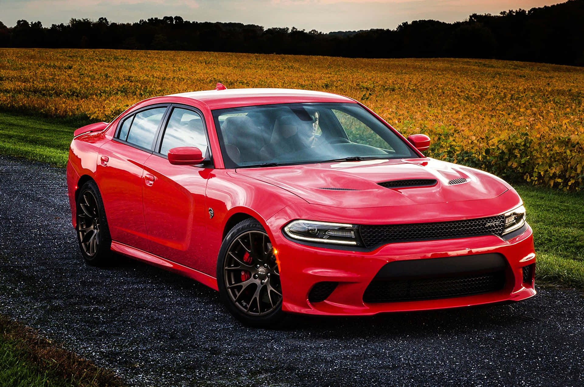 紅色 Dodge Charger SRT Hellcat 停在日落時分金色田野附近的碎石上。