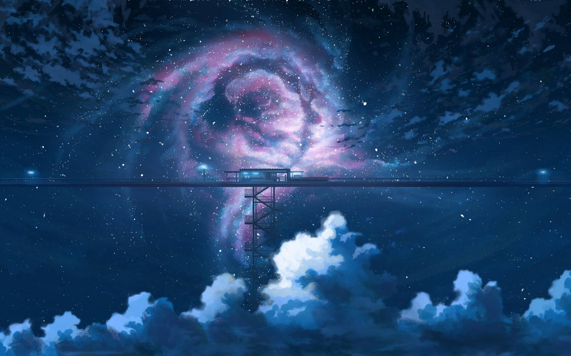 碼頭在充滿活力的宇宙星雲下，倒映在水中，伴隨著雲朵和鳥兒。