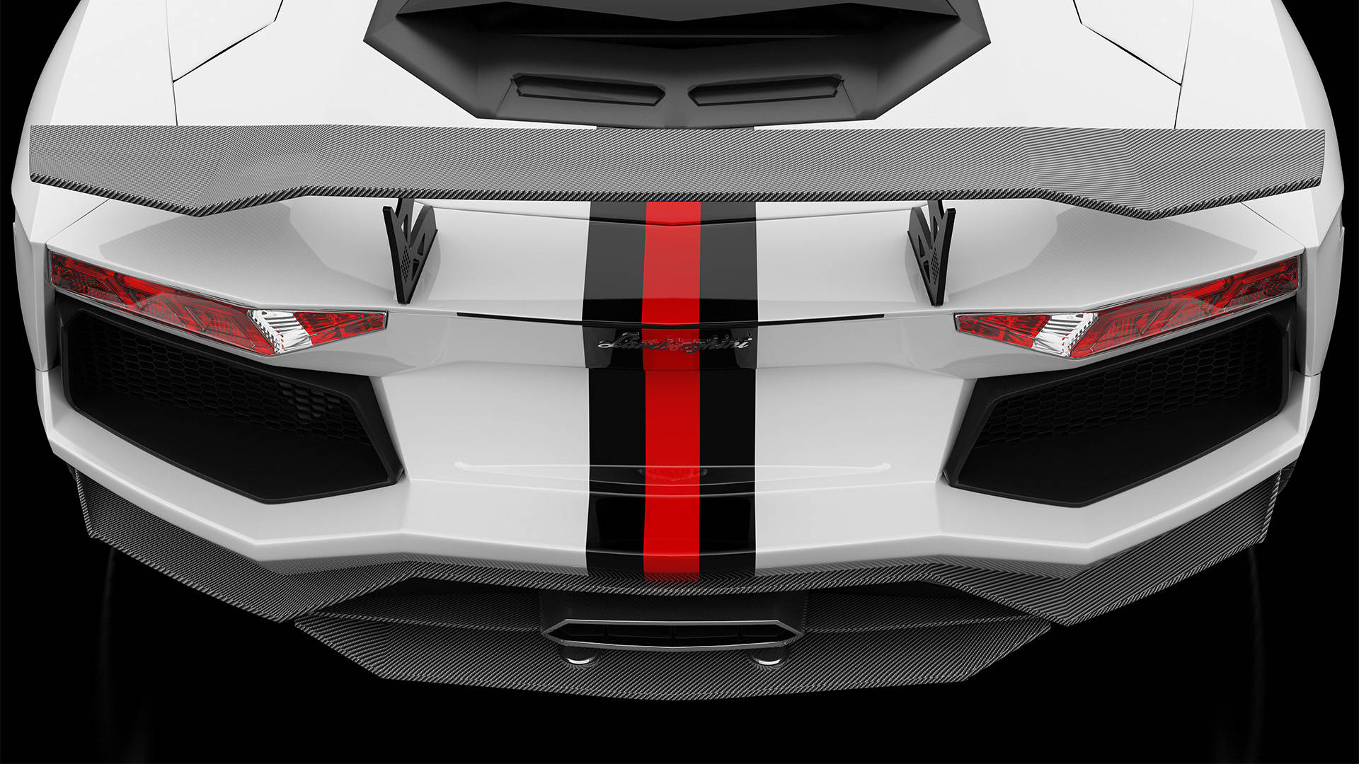 白色林寶堅尼Aventador車尾，配紅色尾燈及賽車條紋。
