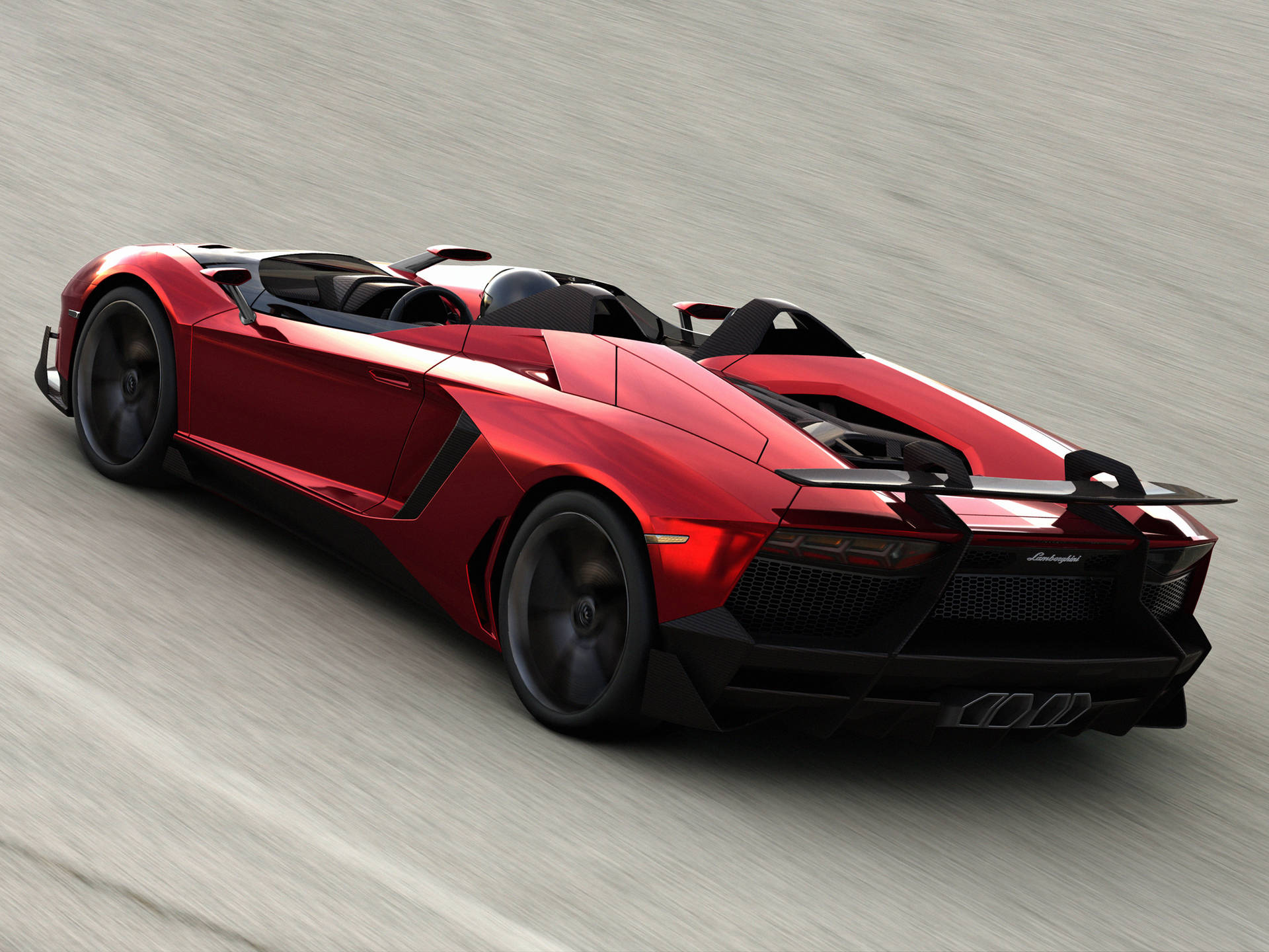 紅色林寶堅尼 Aventador Roadster 在賽道上高速行駛，帶有動態模糊效果。