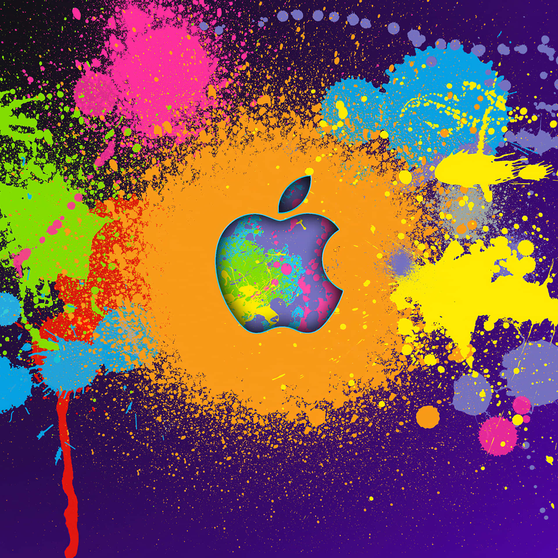 Apple標誌被深色背景上的彩色油漆飛濺包圍。