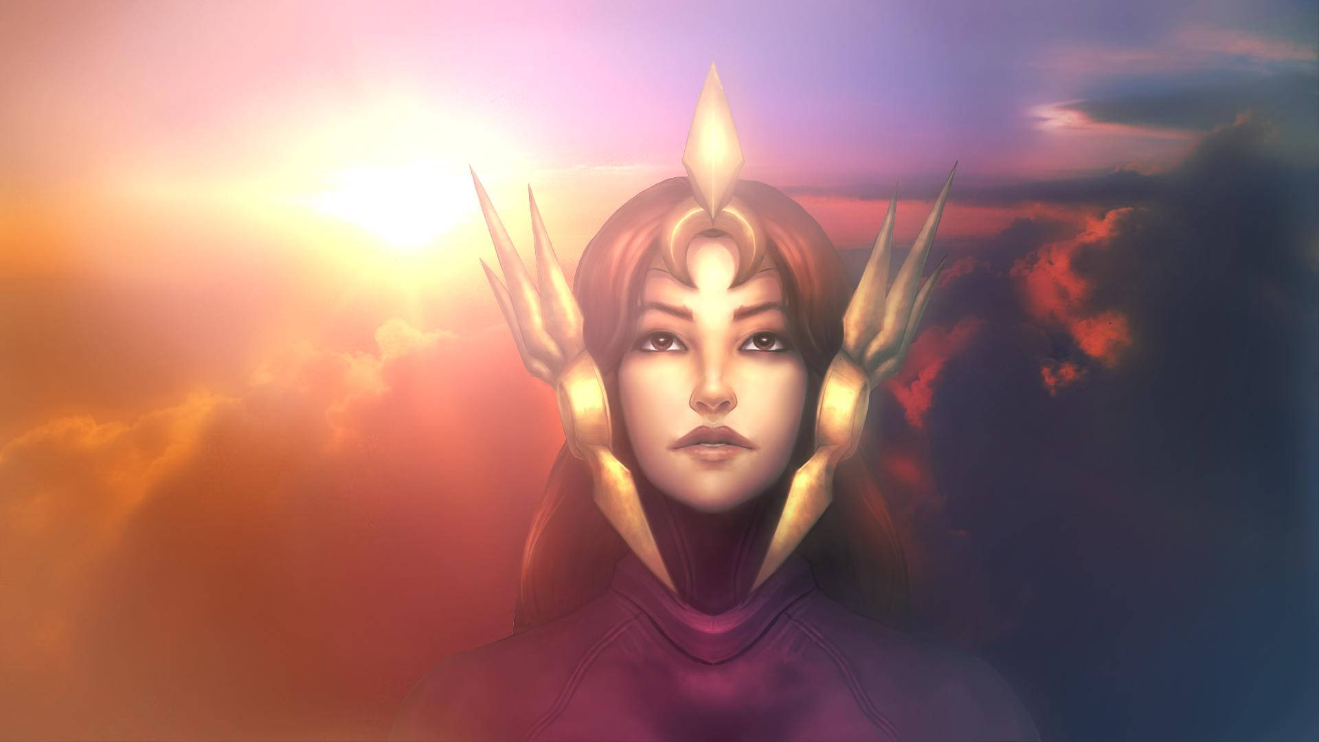 一個神秘的女人，頭戴金色角，背景是閃耀的日落天空。