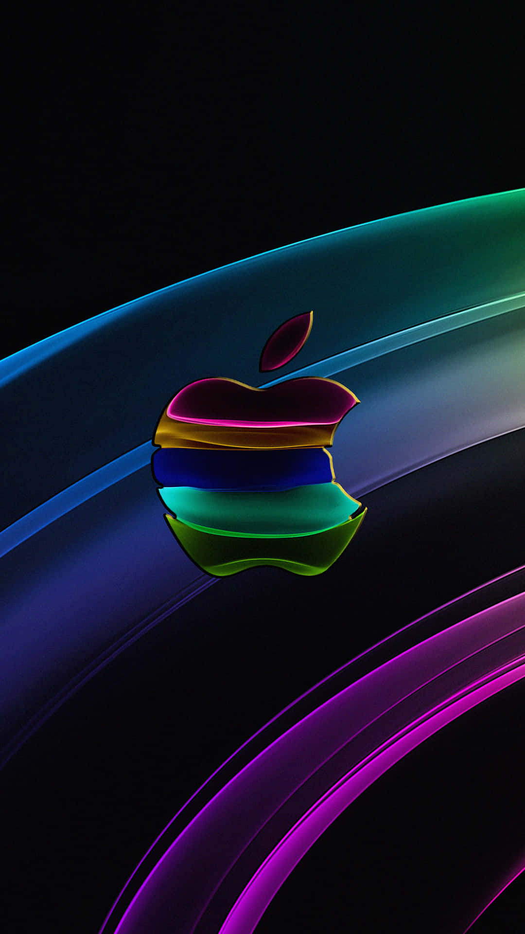 彩虹Apple標誌，帶有發光霓虹曲線，背景為黑暗
