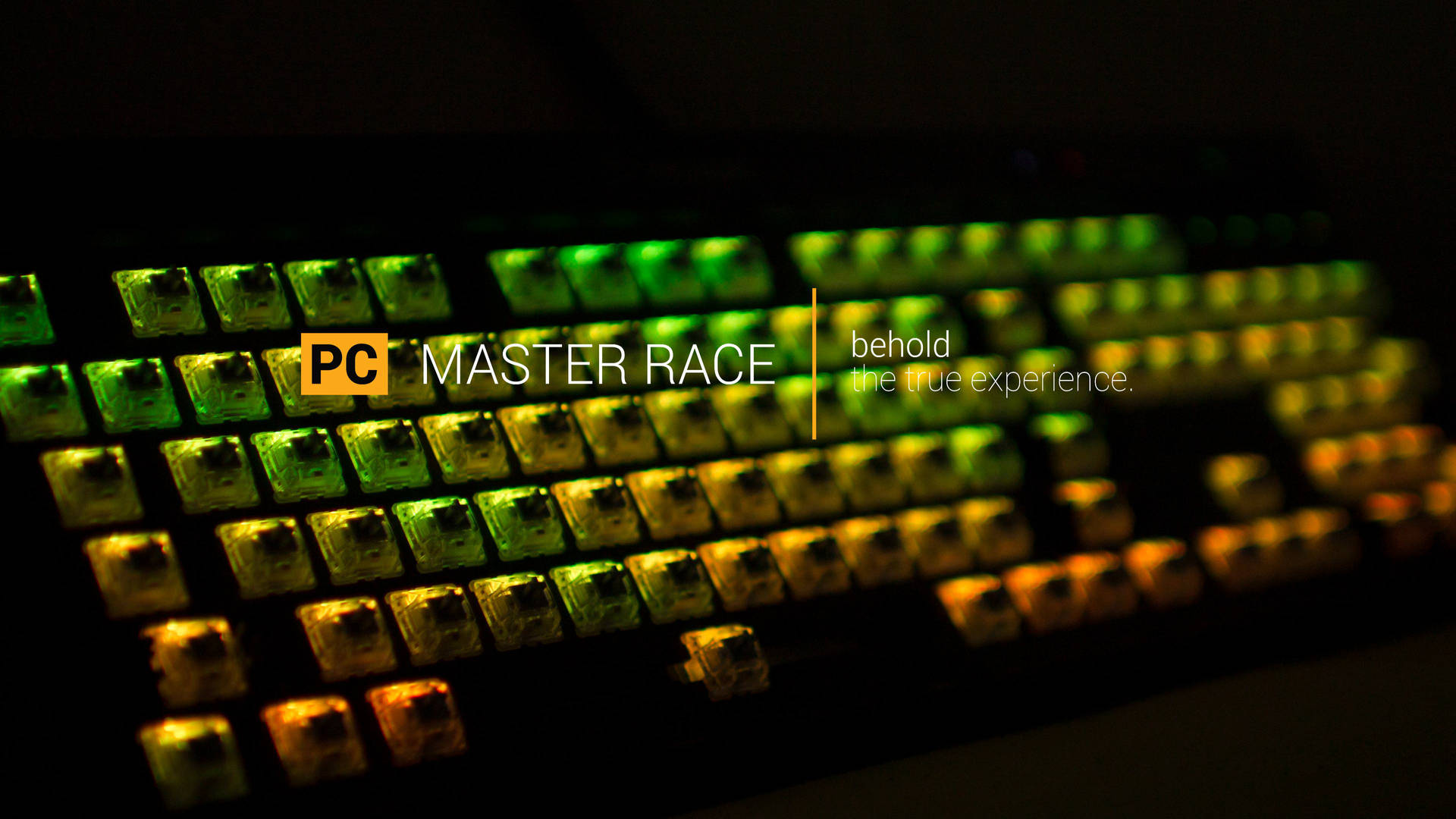 在黑暗環境中帶有PC MASTER RACE文字的發光鍵盤。