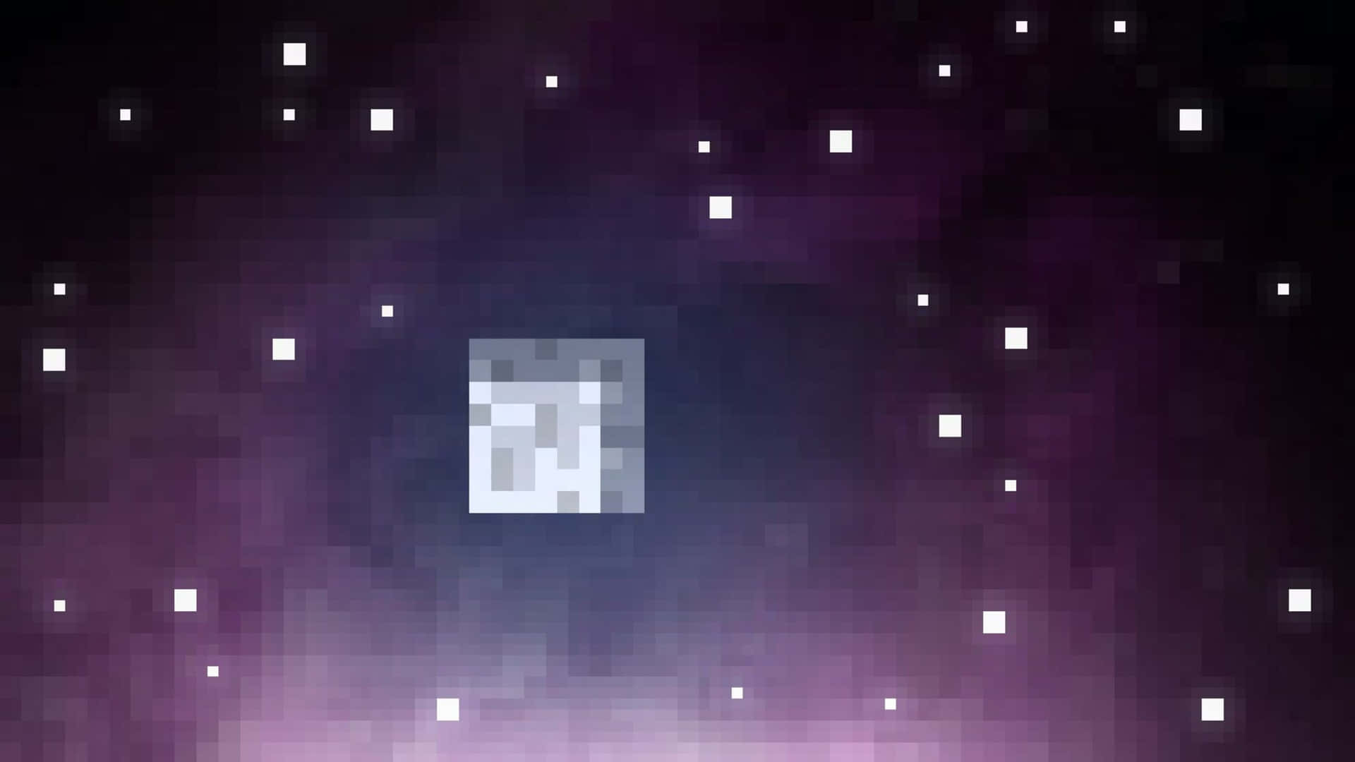 一個像素化的立方體漂浮在佈滿星星的紫色星雲中。