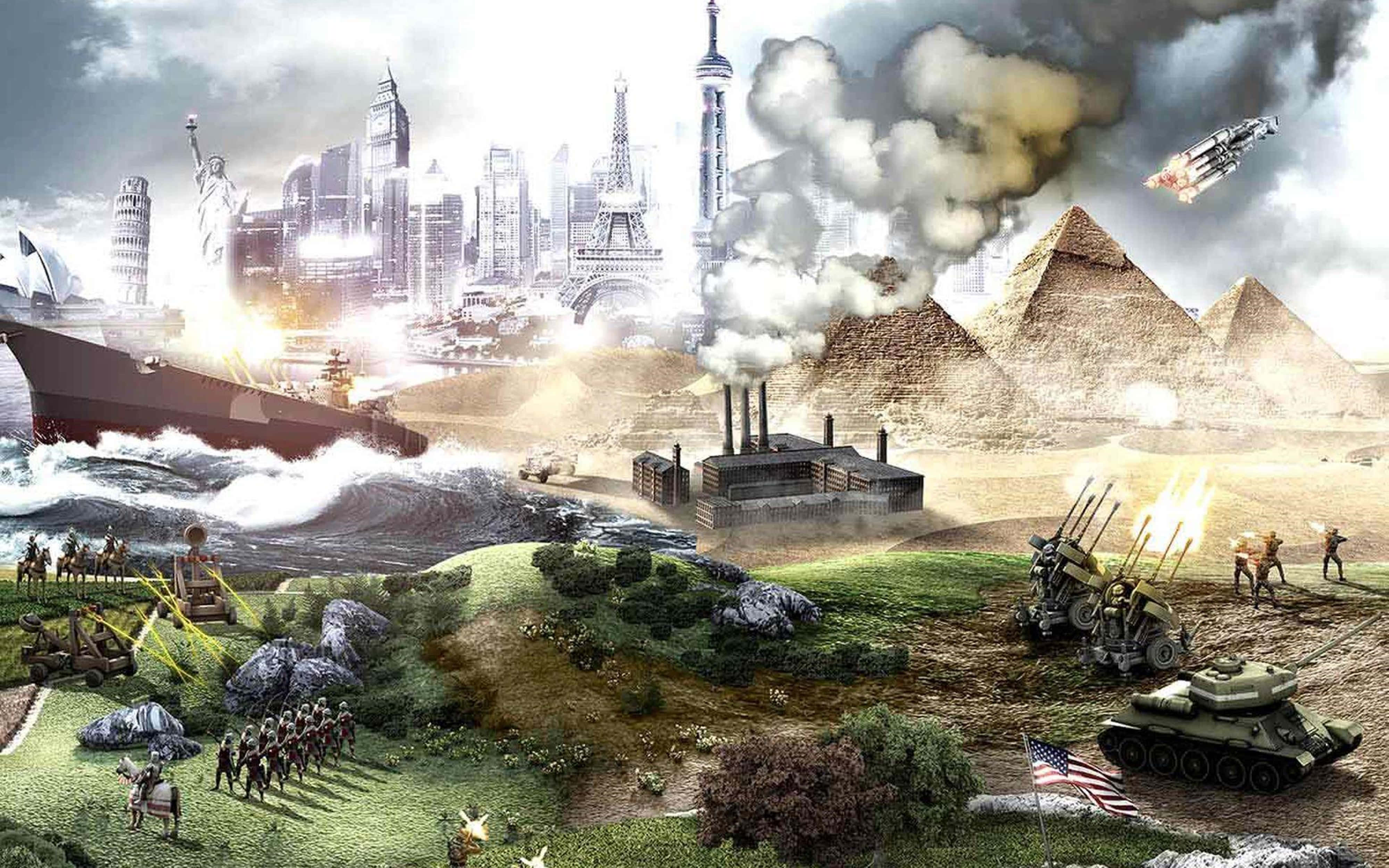 4K 解析度完整版文明5遊戲畫面背景 壁紙 — 一個混亂的數碼拼貼，描繪全球地標在煙霧和爆炸中被坦克、船隻和士兵圍攻。