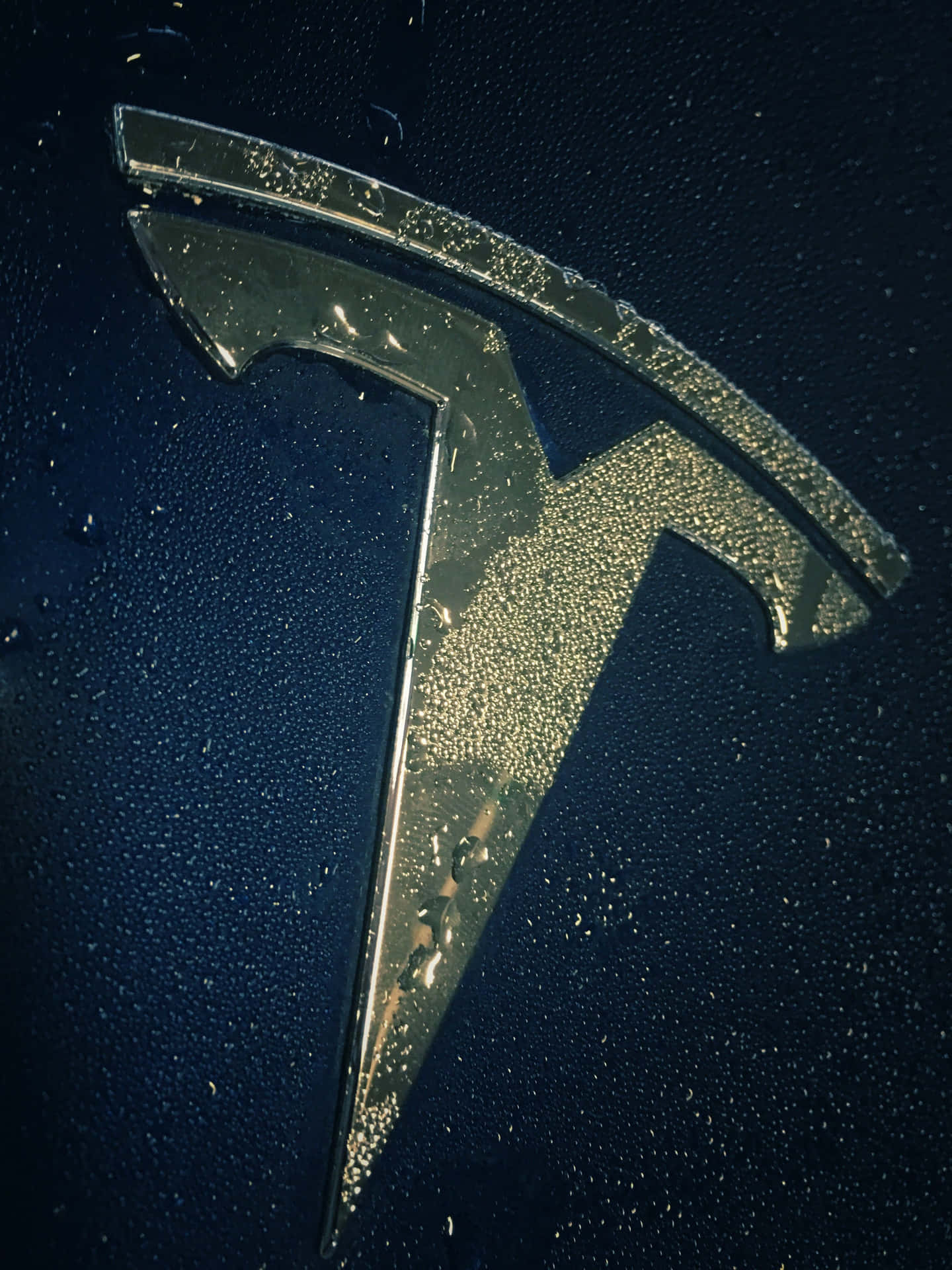 夜晚深藍色車身上覆蓋著雨滴的Tesla標誌。