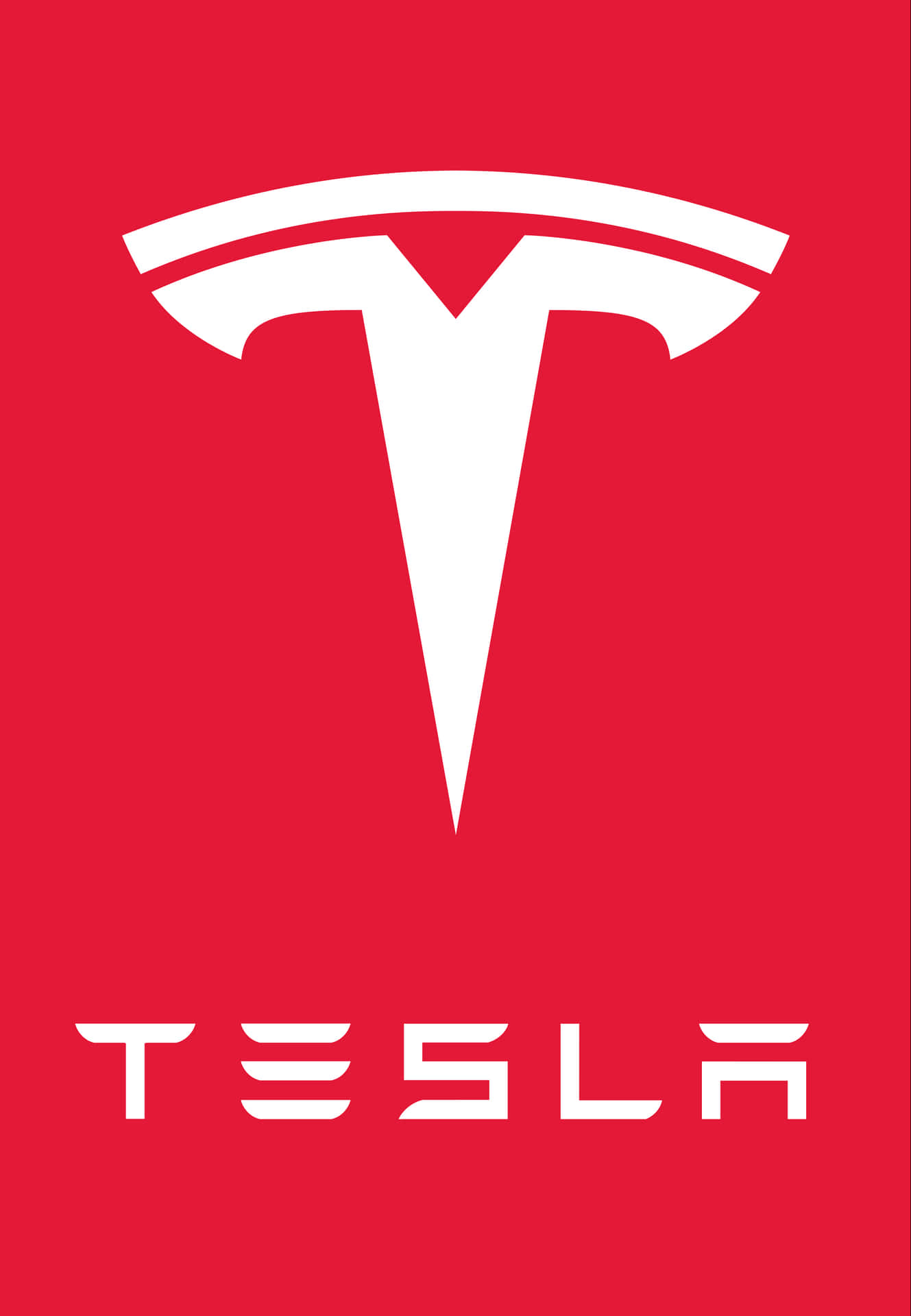 白色Tesla標誌和品牌名稱在紅色背景上。