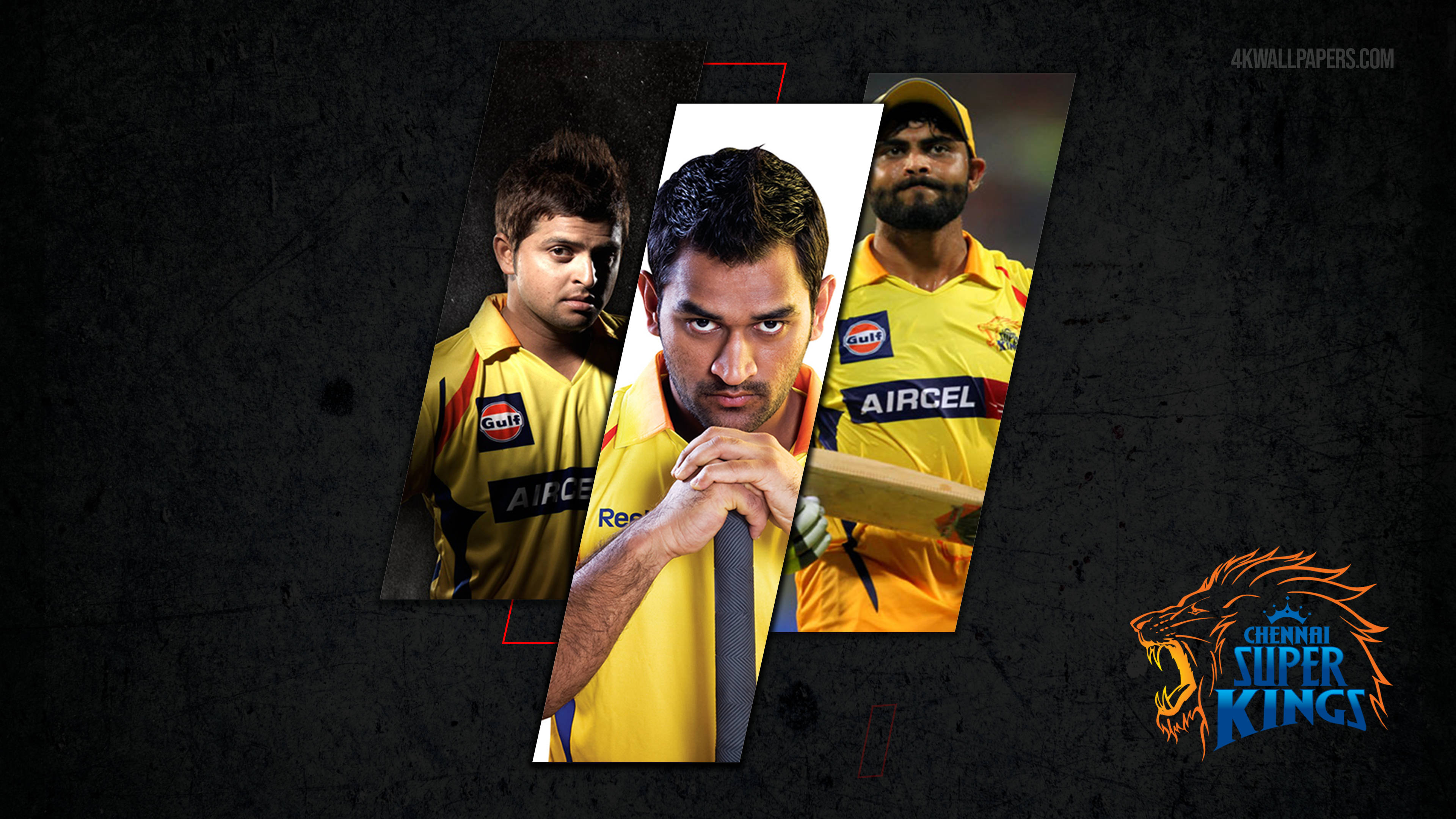 三名身穿黃色球衣的 Chennai Super Kings 板球運動員擺出強烈姿勢。