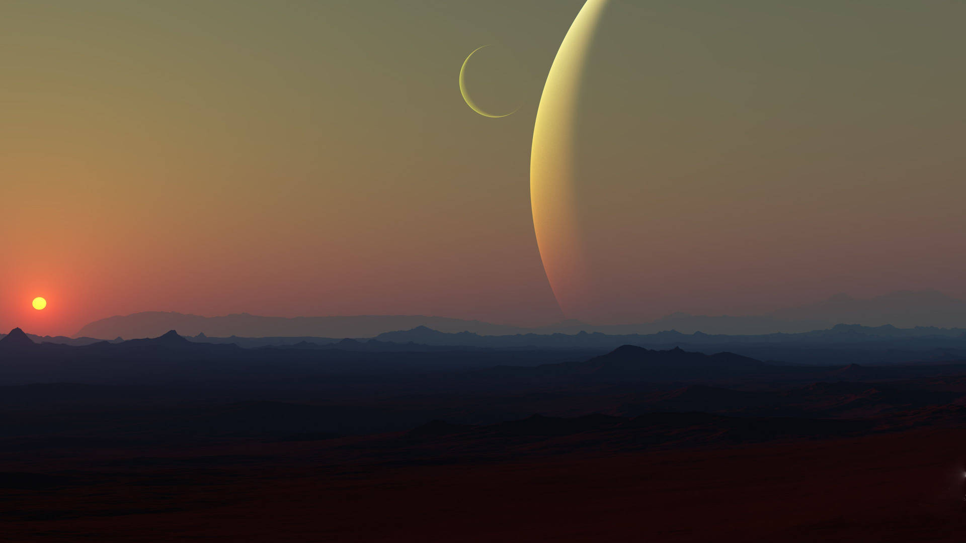 日落時分的外星沙漠景觀，天空中有巨大行星和彎月。