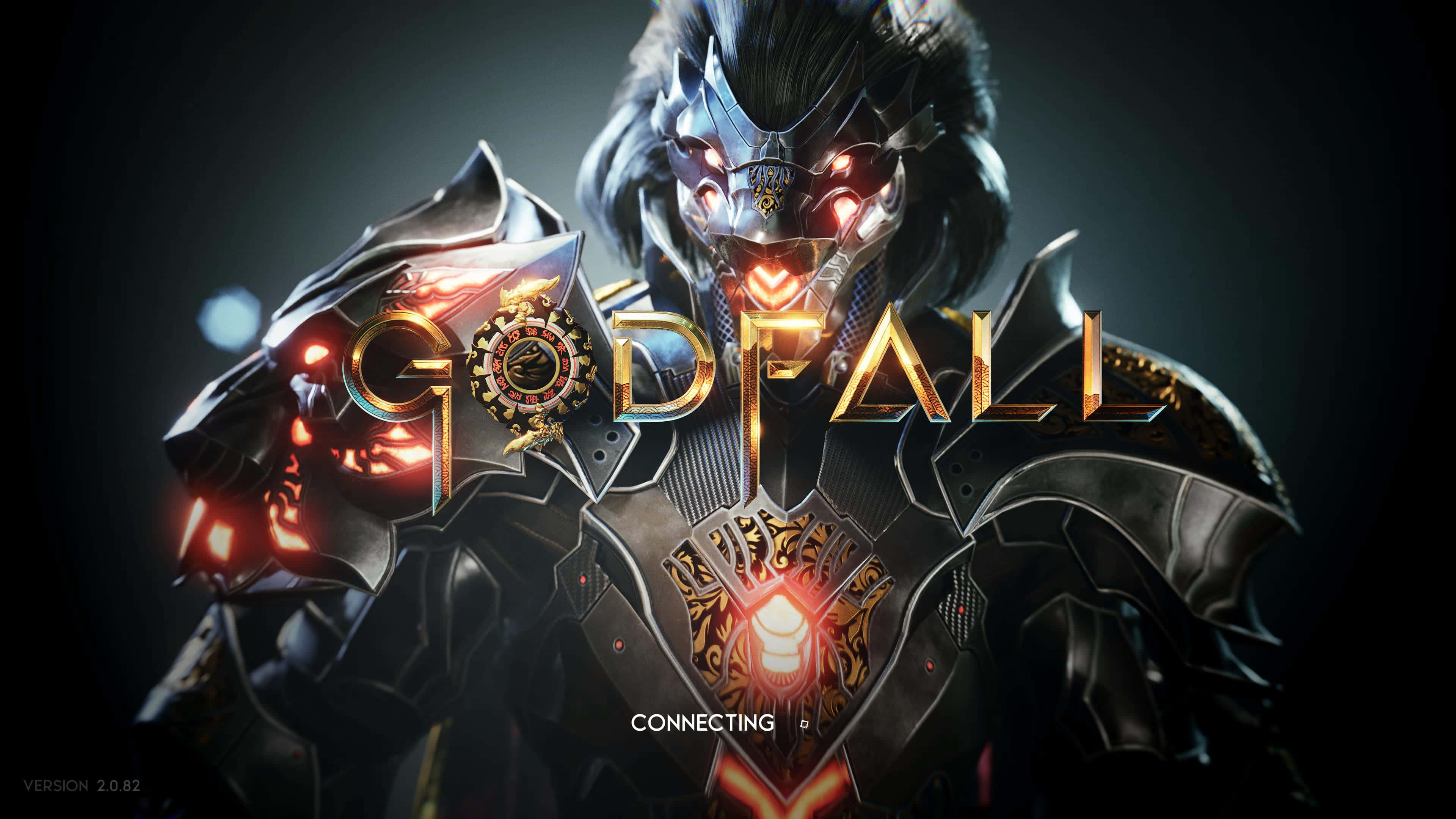 4K 超高清《Godfall》遊戲場景 壁紙 — 一個帶有發光紅眼和華麗暗色盔甲的威脅性裝甲戰士，站在黑色背景前，標題Godfall以金色照亮。