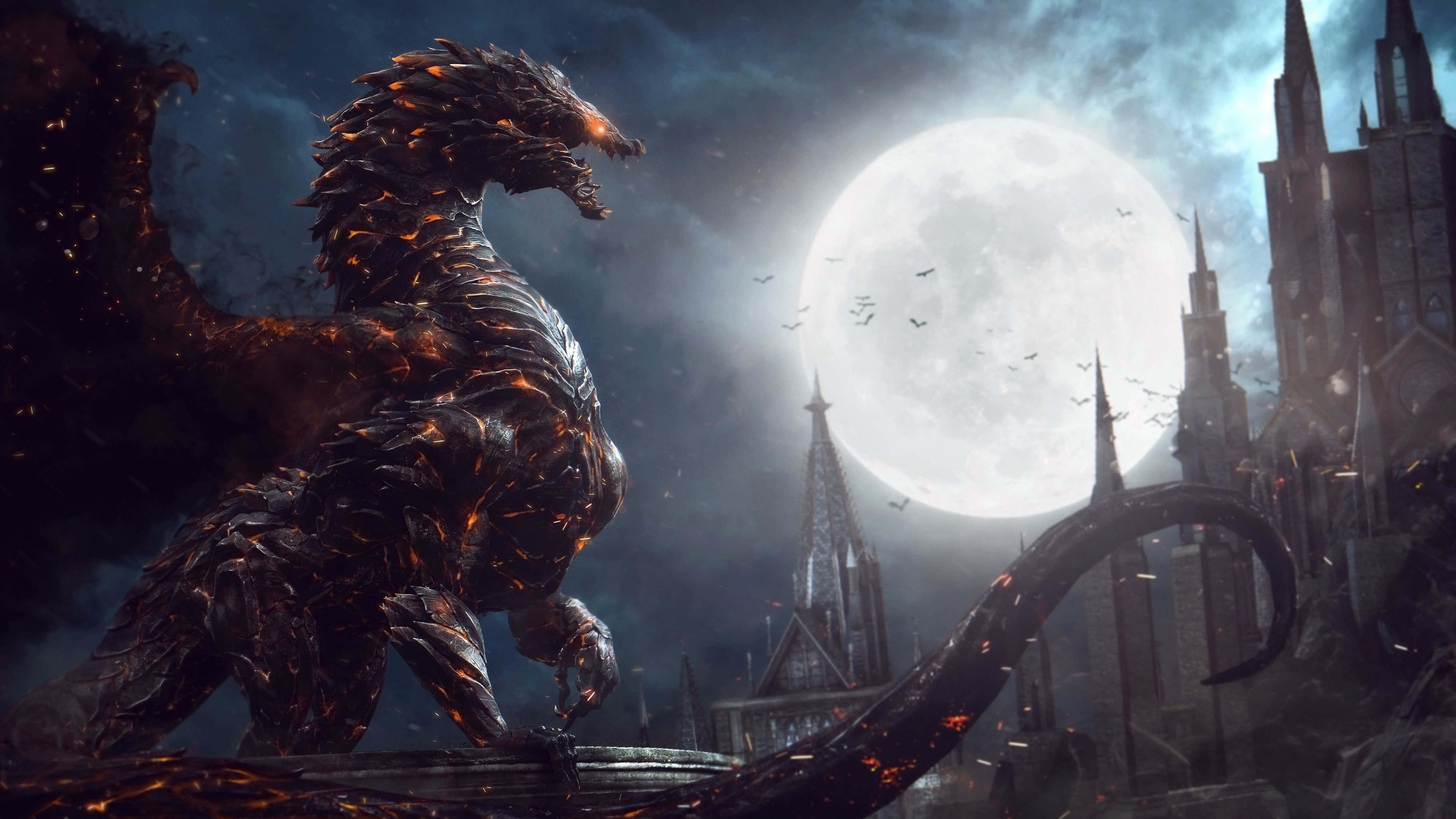 4K 超高清 Monster Dragon 壁紙 — 一頭有著發光橙色眼睛的火焰巨龍站在滿月下的城堡廢墟上，蝙蝠飛過。