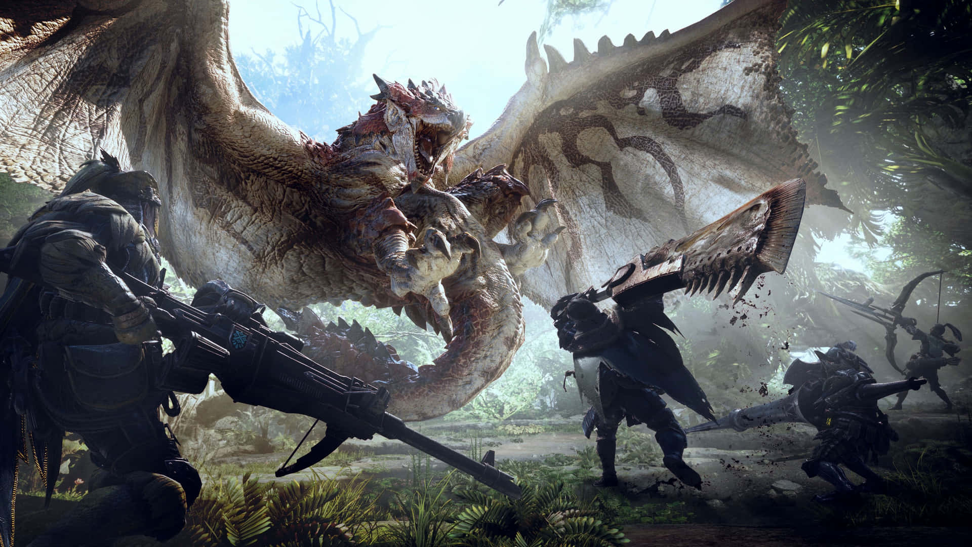 4K 超高清 Monster Hunter 戰鬥瞬間 壁紙 — 怪物獵人在茂密的叢林中與一隻巨大的有翼龍戰鬥，陽光穿過樹冠灑落下來。