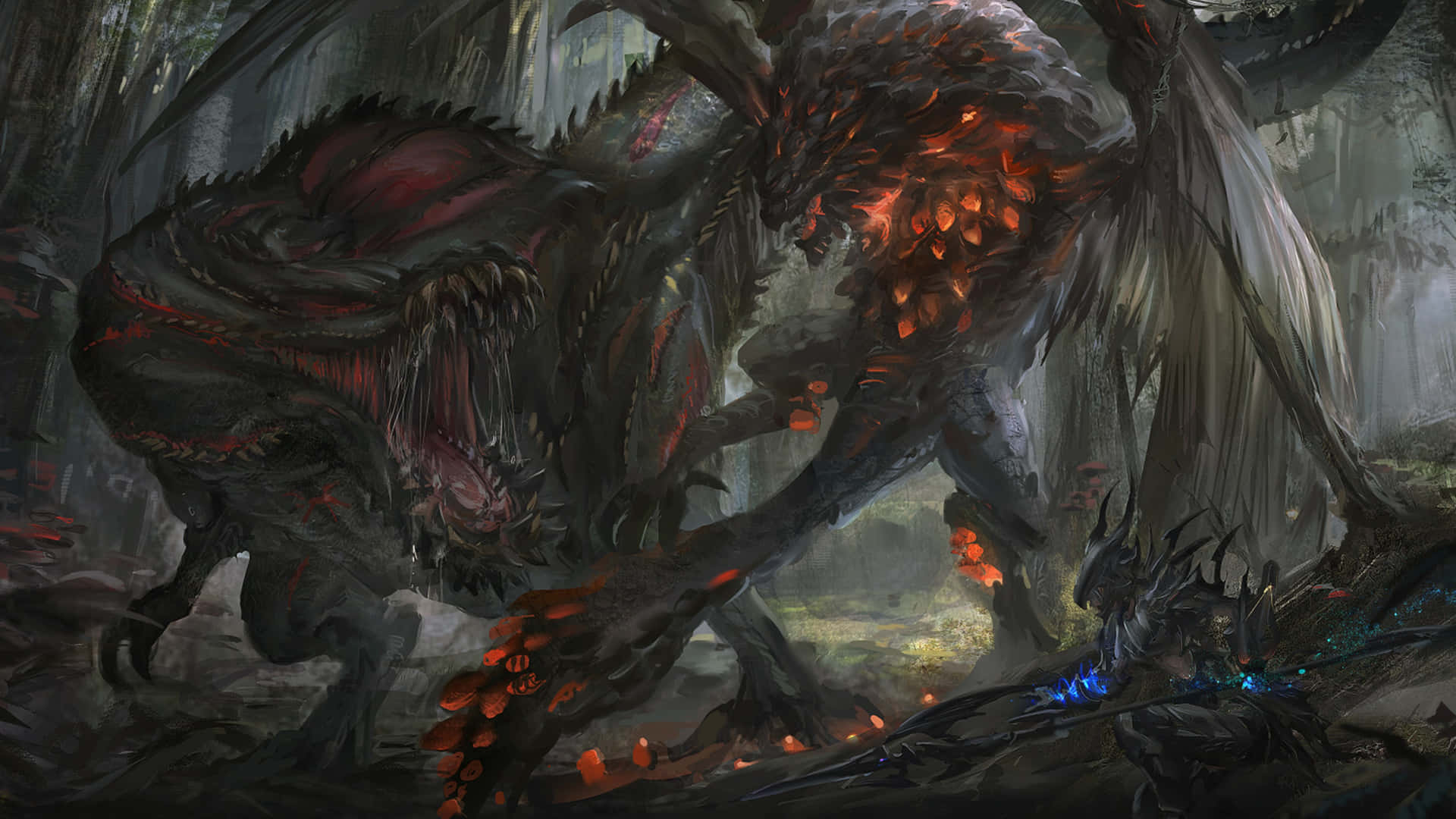 4K 超高清 Monster Hunter 系列怪物 壁紙 — 一隻帶有發光紅色岩漿脈絡的怪獸龍在黑暗森林中咆哮，而一名手持藍色發光武器的戰士正面對抗牠。
