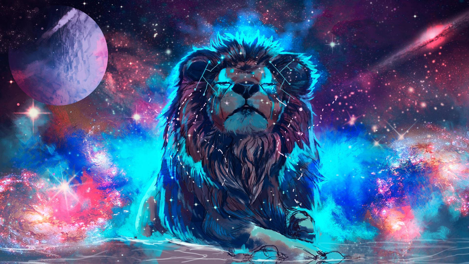 4K 超高清 窗口 獅子 壁紙 — 一頭雄獅擁有發光的藍色鬃毛，威嚴地坐在充滿星星和彩色星系的生動宇宙星雲前。