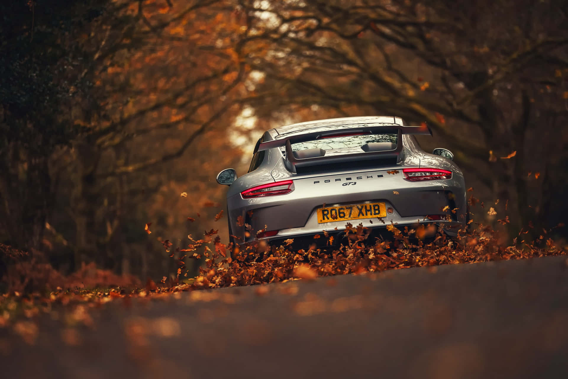 銀色保時捷911 GT3在森林道路上駛過秋葉。