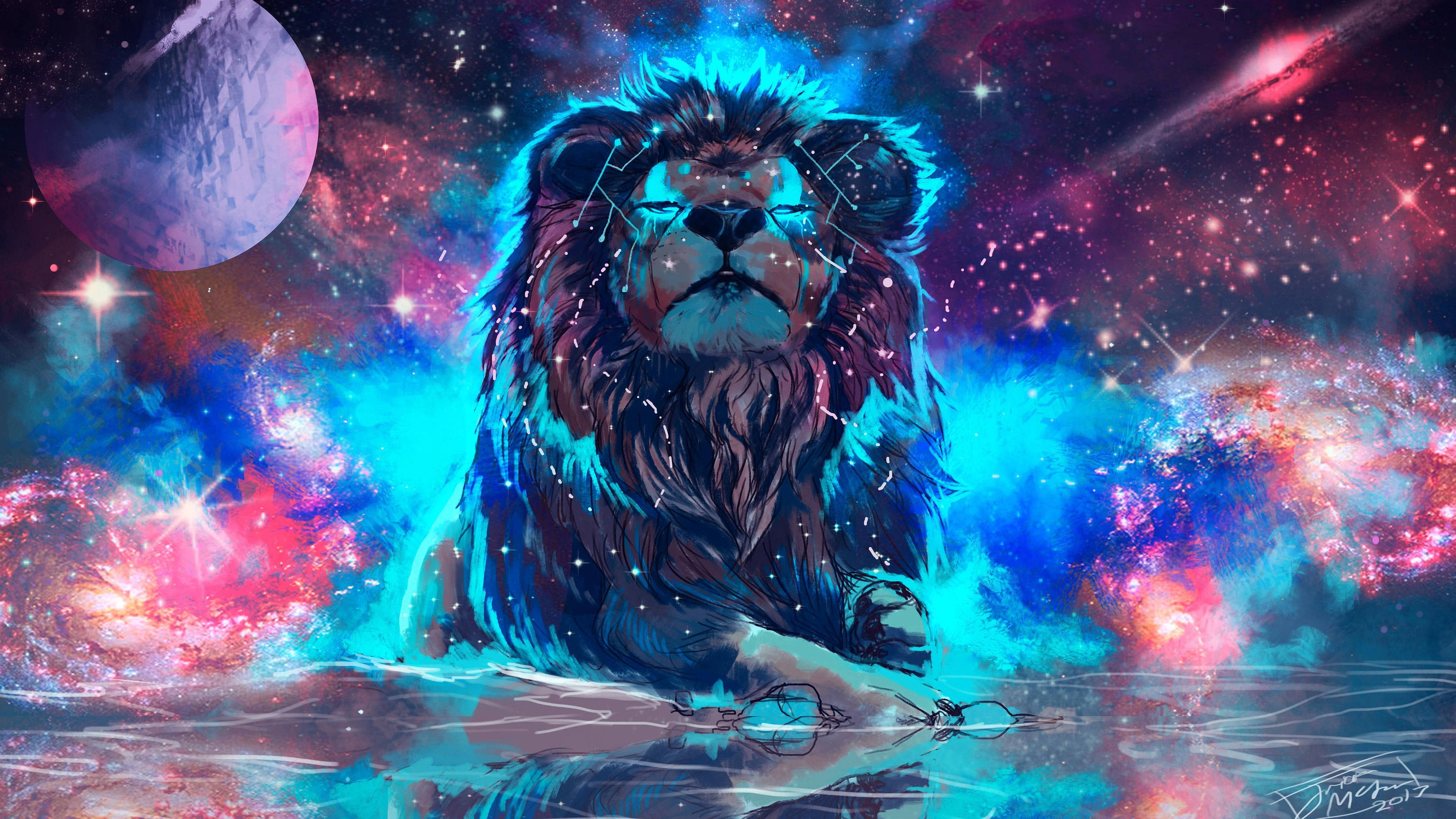 4K 超高清星際獅子 壁紙 — 一頭擁有發光藍色鬃毛的雄獅坐在宇宙水域中，周圍環繞著充滿活力的星雲和星星。