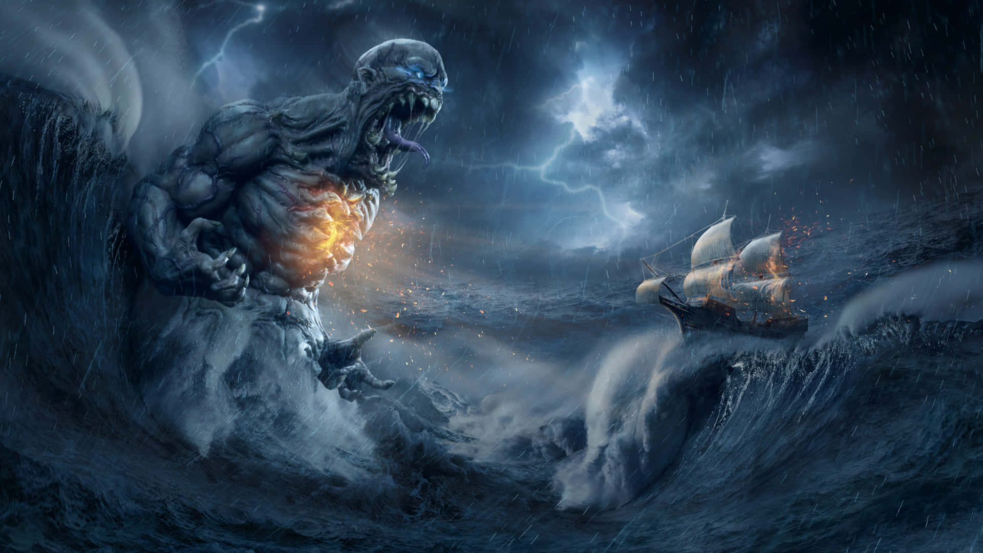 帶有發光核心的巨型海怪在暴風雨中攻擊燃燒的船隻。 — 惡魔 壁紙