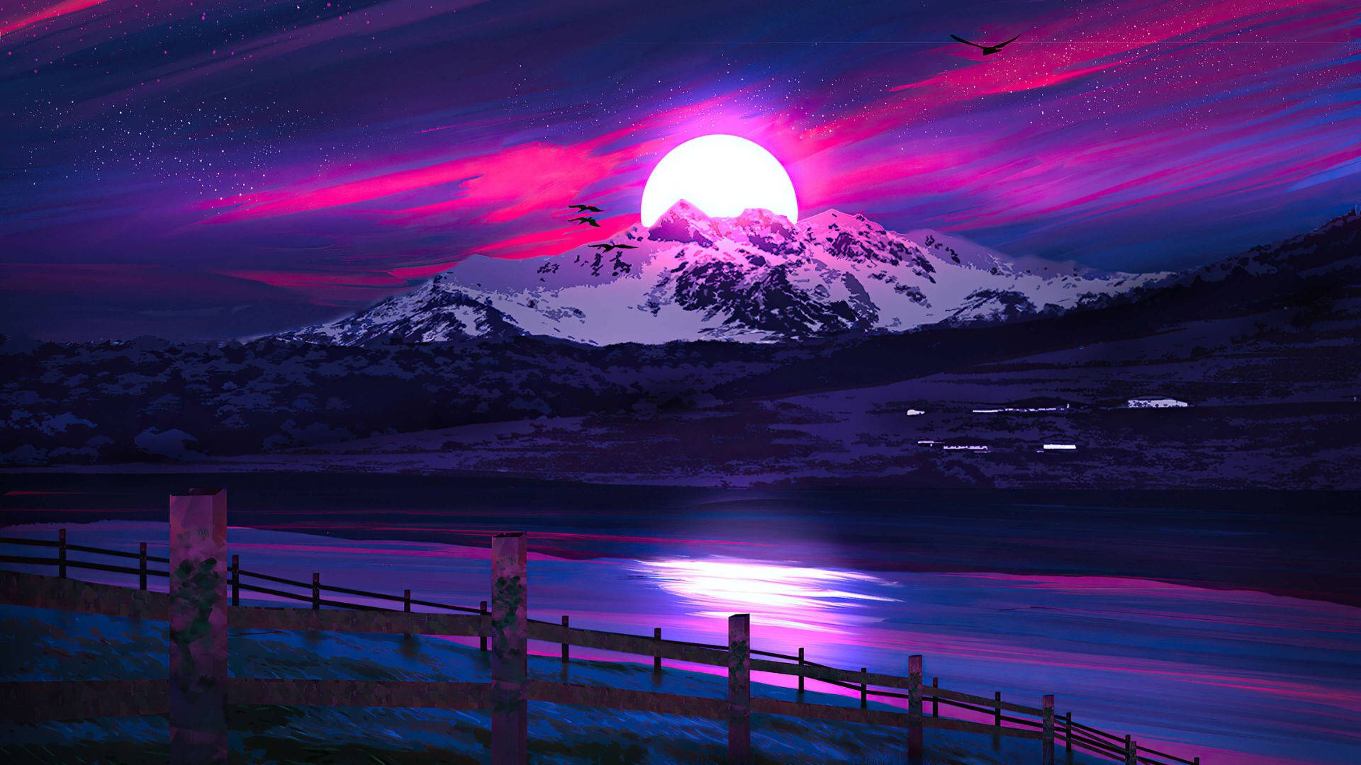 4K 超高清窗景：夜色月影山河 壁紙 — 暮色中的超現實山景，星空下平靜的湖面倒映著發光的粉紅月亮。