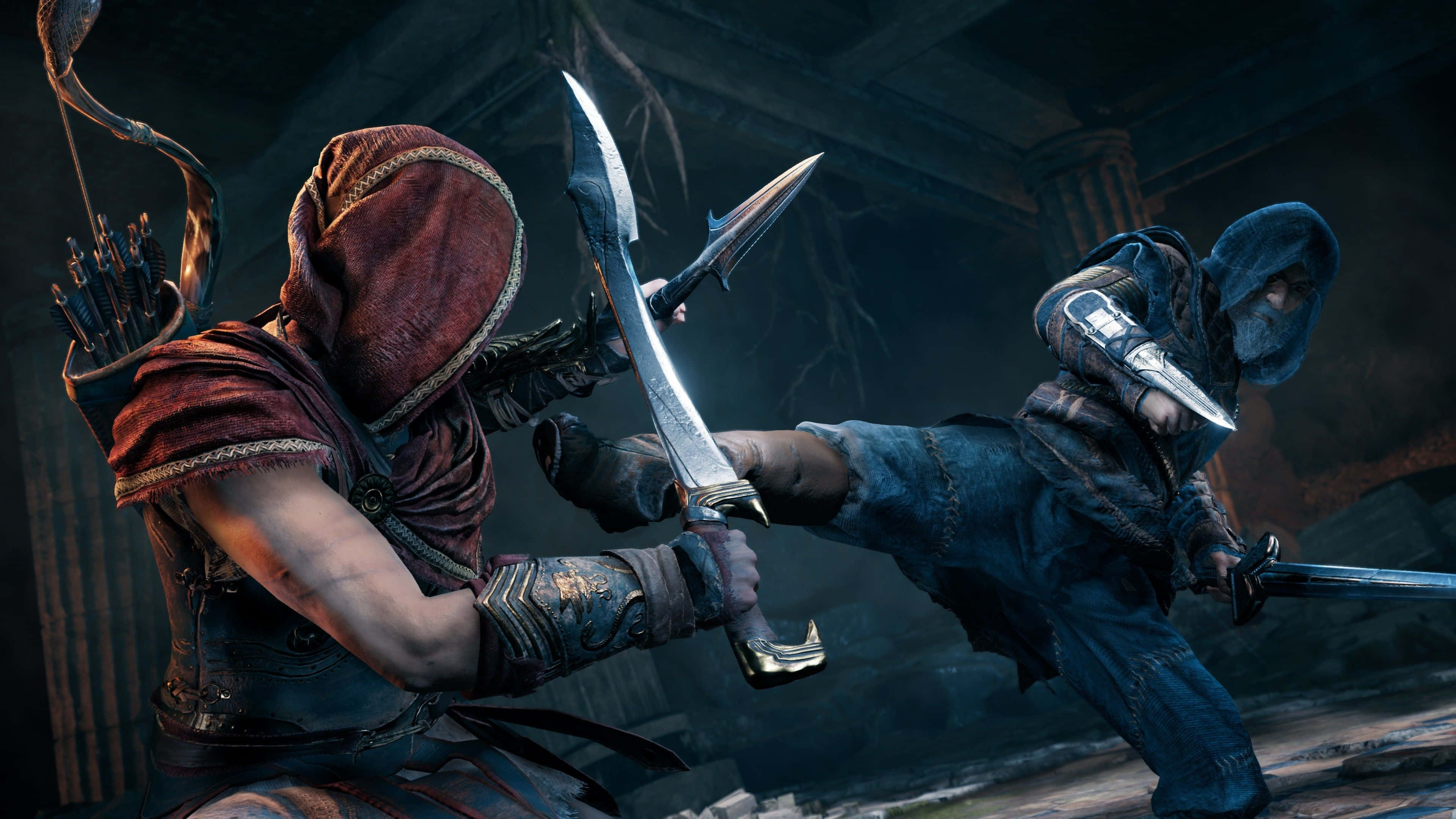 4K 超高清遊戲《Assassin's Creed Odyssey》 壁紙 — 兩名戴頭巾的刺客在昏暗的廢墟中交鋒，劍刃交錯，呈現緊張的戰鬥姿態。