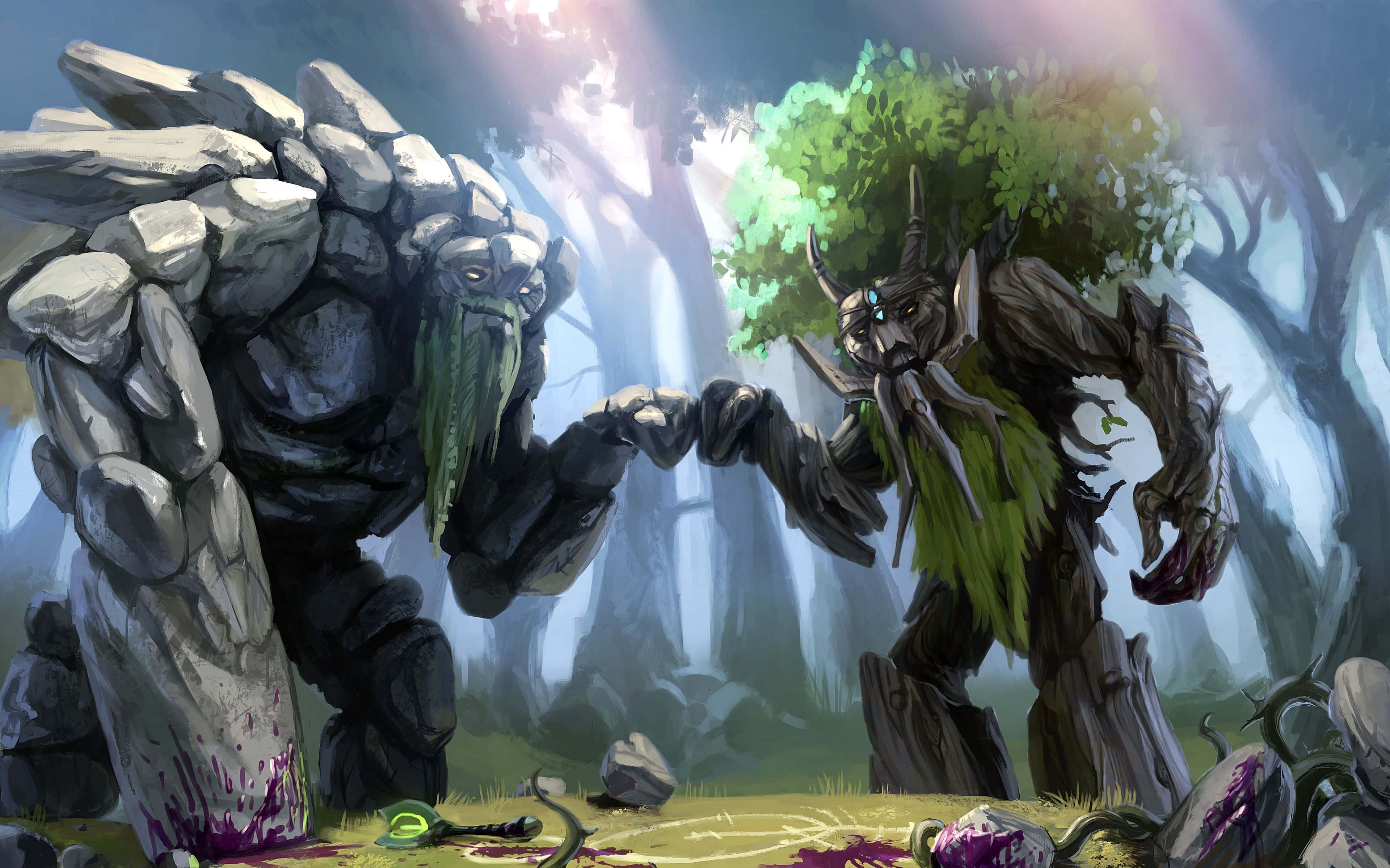 4K 超高清遊戲《Dota 2》中的小精靈與巨樹 壁紙 — 兩個巨大的奇幻生物——一個由石頭製成，一個由樹木製成——在一個神秘森林中衝突，光芒穿過樹木過濾。