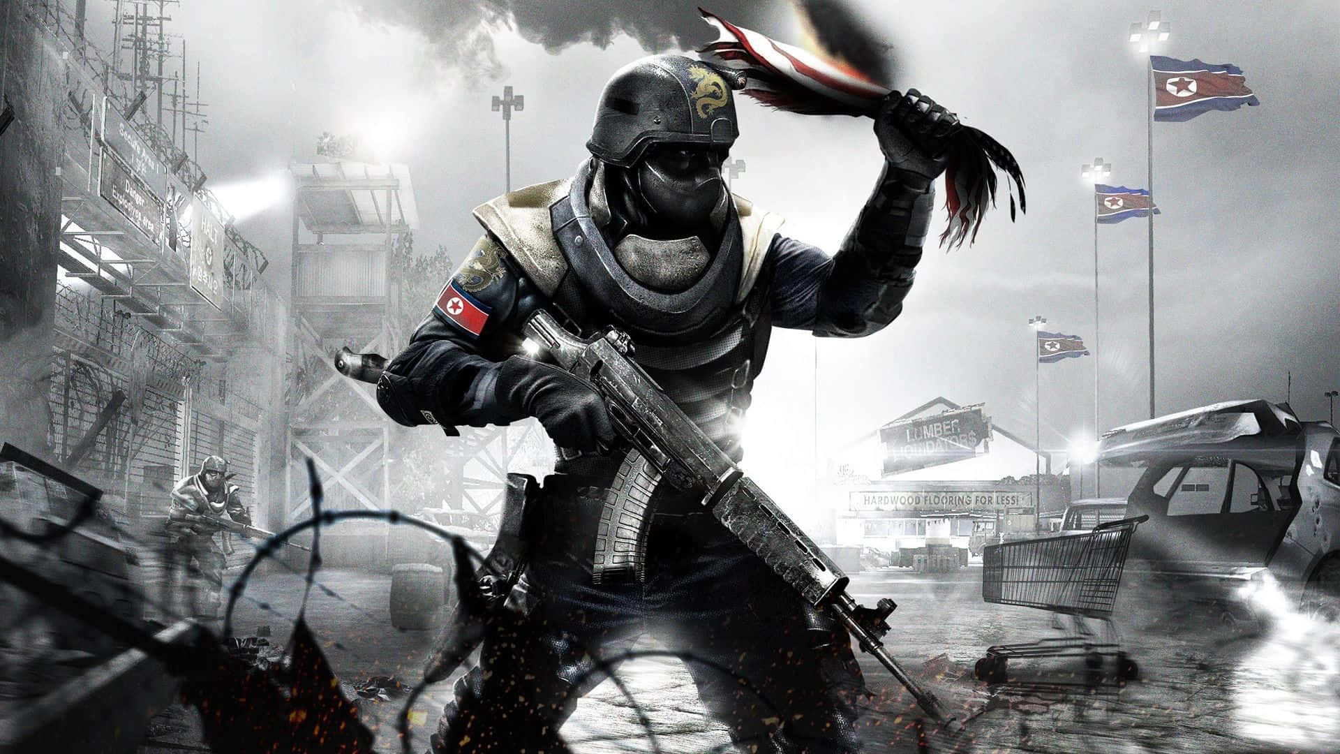 4K 超高清遊戲《Homefront: The Revolution》 壁紙 — 一名全副武裝的士兵在煙霧和瓦礫遍佈的戰亂城市戰場上揮舞步槍和燃燒的旗幟。