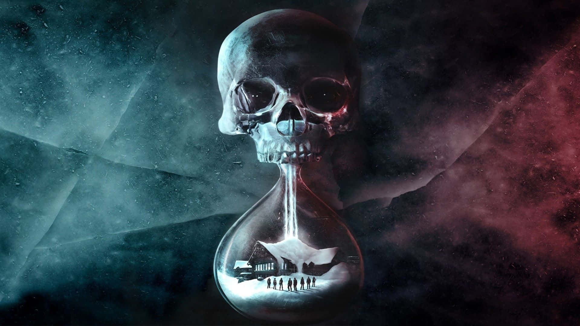 4K 超高清遊戲《Until Dawn》 壁紙 — 一個骷髏形狀的沙漏正在滴落時間，落在一個雪景村莊場景上，背景是宇宙深紅色和藍綠色的星雲。
