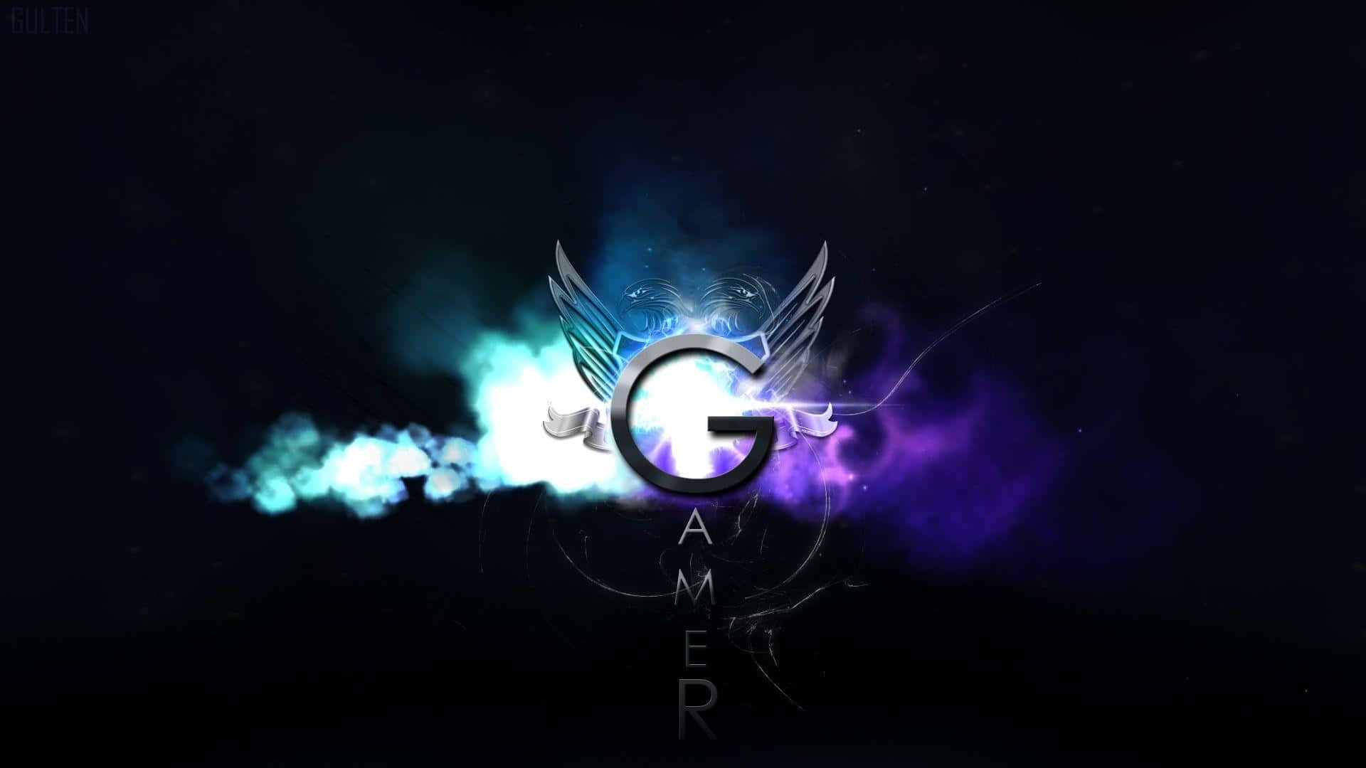 4K 超高清遊戲玩家圖標 壁紙 — 一個發光的風格化G帶翅膀從電藍色和紫色能量中浮現，背景是黑暗的宇宙。