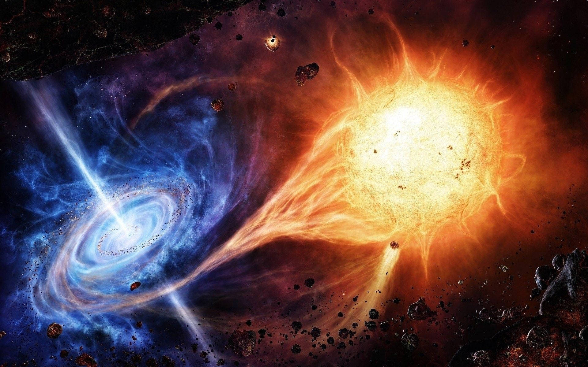 4K 超高清銀河太陽 壁紙 — 一顆熾熱的橙色恆星與一個旋轉的藍色星系在漂浮的小行星中發生宇宙碰撞。